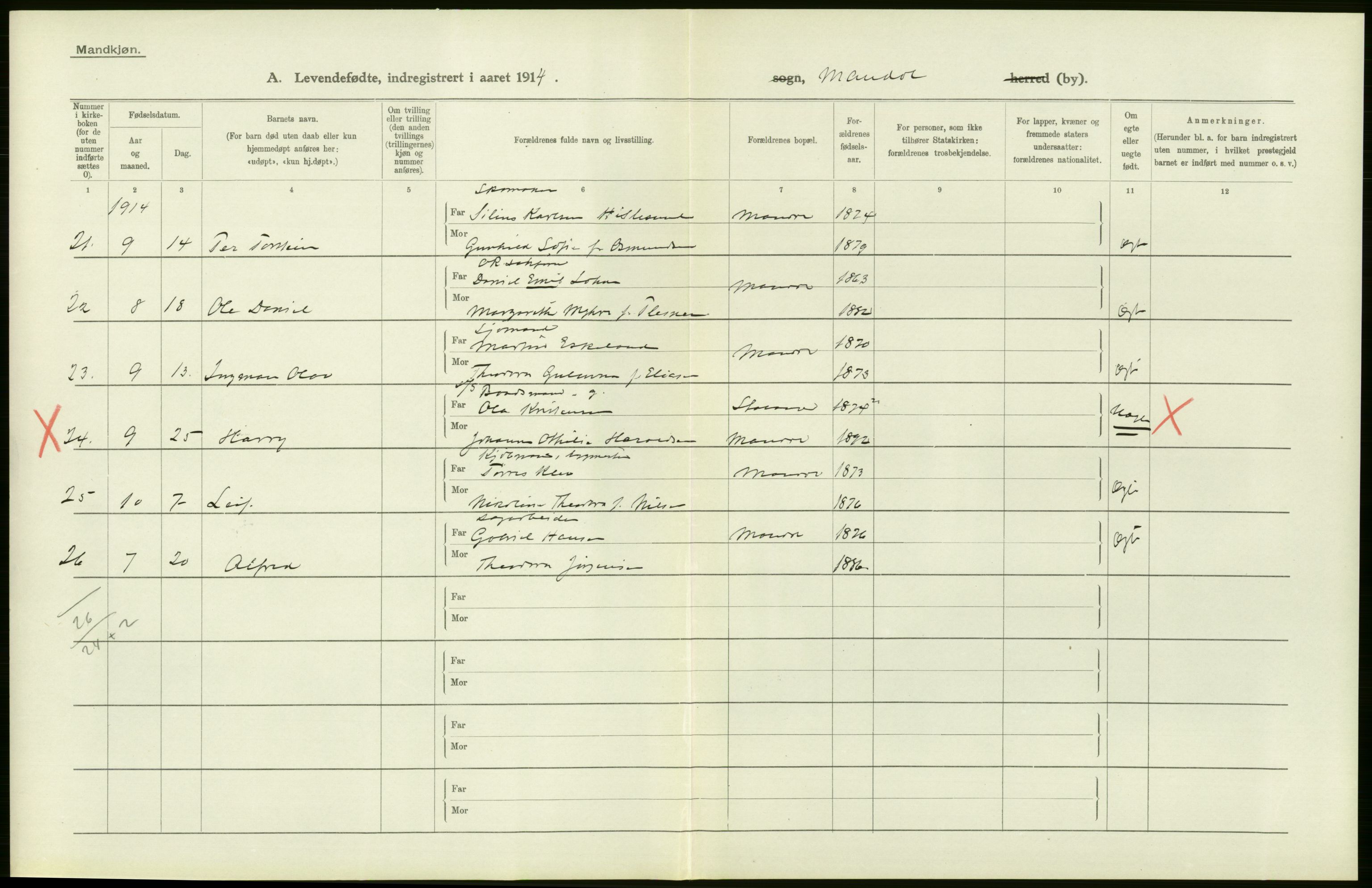 Statistisk sentralbyrå, Sosiodemografiske emner, Befolkning, AV/RA-S-2228/D/Df/Dfb/Dfbd/L0022: Lister og Mandals amt: Levendefødte menn og kvinner, samt gifte. Bygder og byer., 1914, s. 26