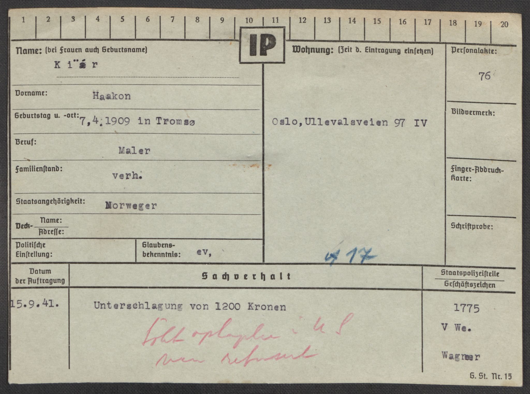 Befehlshaber der Sicherheitspolizei und des SD, AV/RA-RAFA-5969/E/Ea/Eaa/L0005: Register over norske fanger i Møllergata 19: Hø-Kj, 1940-1945, s. 1389