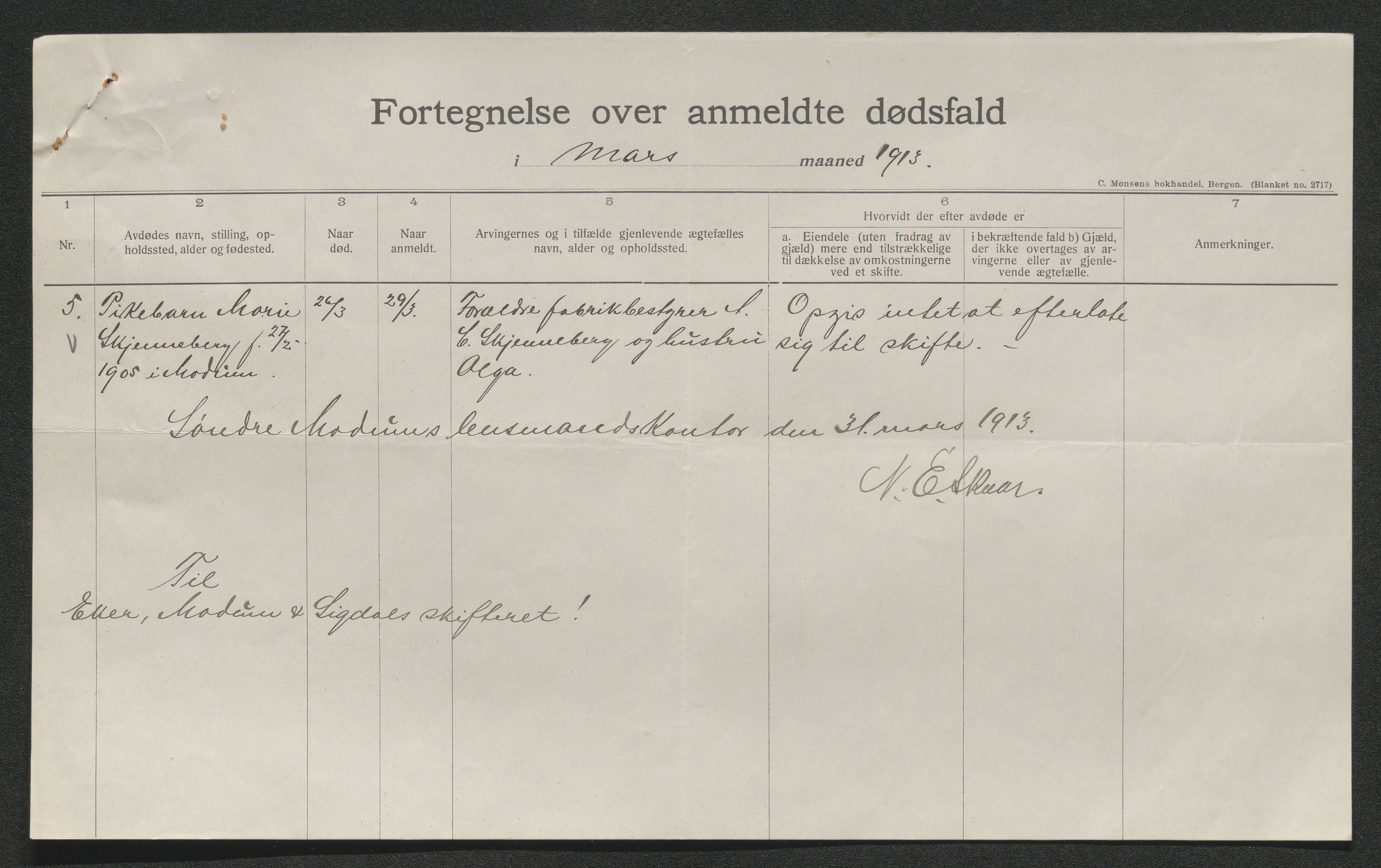 Eiker, Modum og Sigdal sorenskriveri, AV/SAKO-A-123/H/Ha/Hab/L0036: Dødsfallsmeldinger, 1913, s. 100