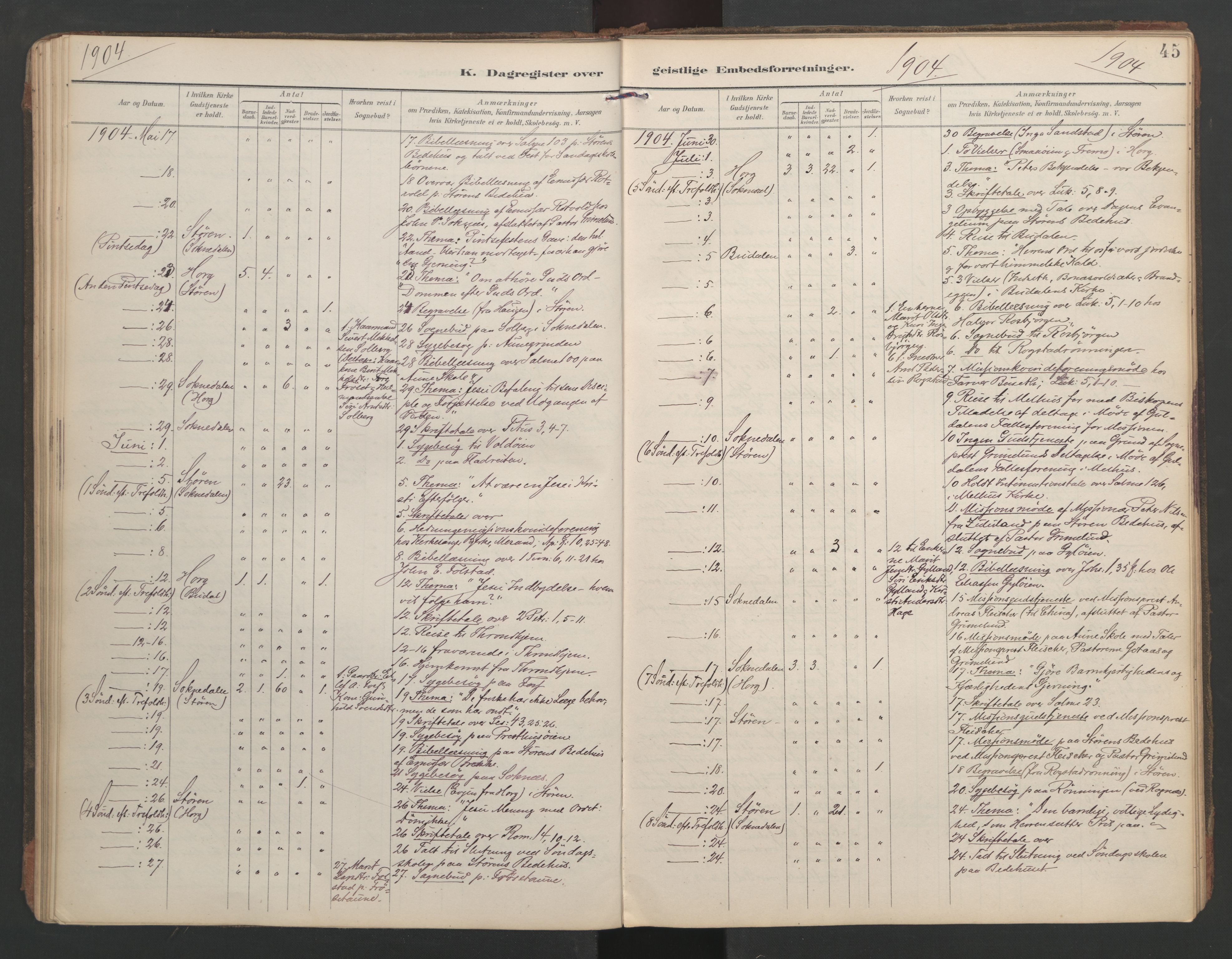 Ministerialprotokoller, klokkerbøker og fødselsregistre - Sør-Trøndelag, AV/SAT-A-1456/687/L1005: Dagsregister nr. 687A11, 1891-1912, s. 45