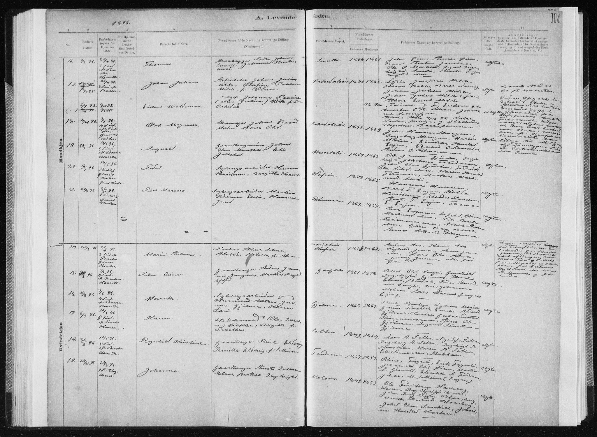 Ministerialprotokoller, klokkerbøker og fødselsregistre - Sør-Trøndelag, SAT/A-1456/668/L0818: Klokkerbok nr. 668C07, 1885-1898, s. 104