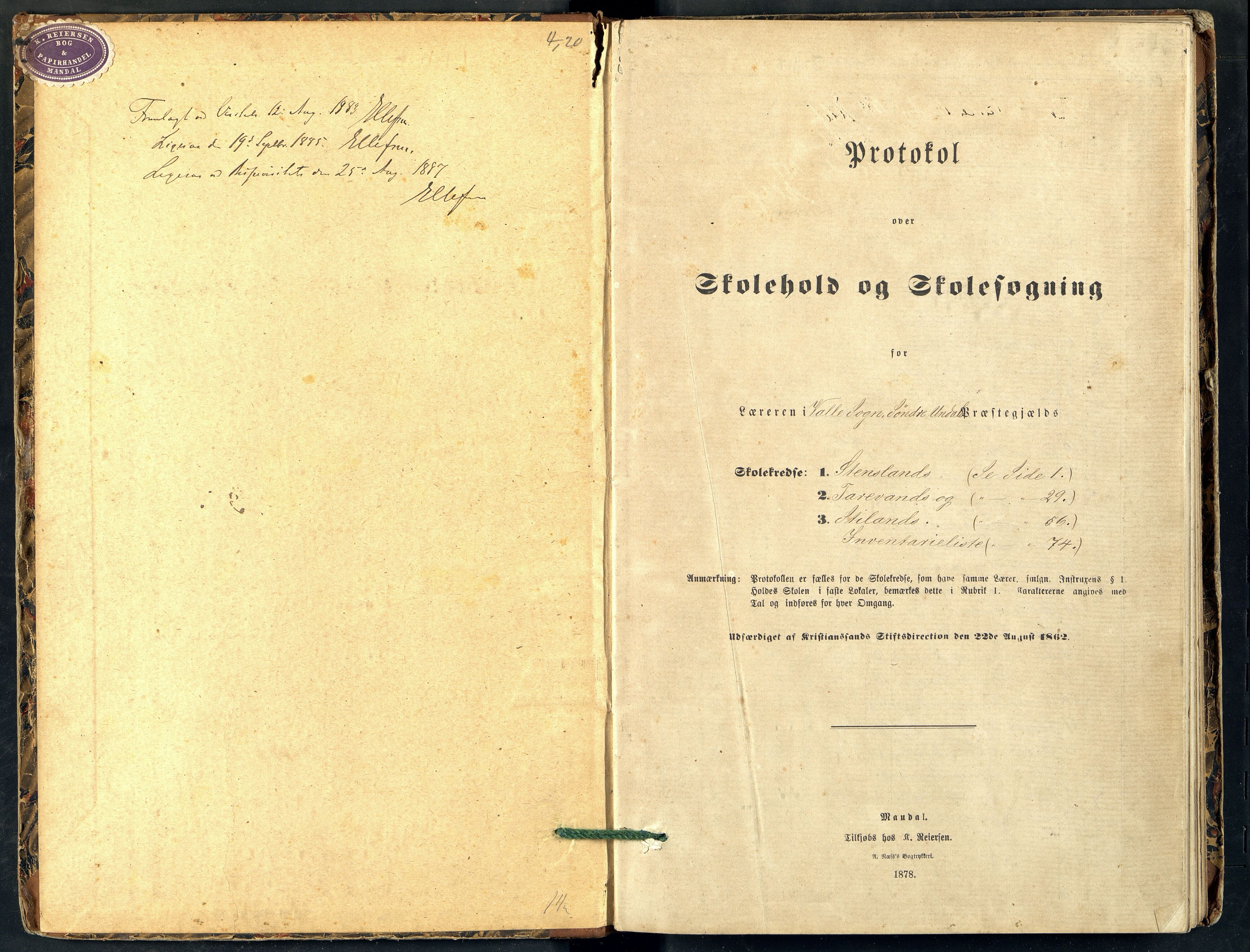 Sør-Audnedal kommune - Stensland Skole, ARKSOR/1029SØ564/G/L0001: Skoleprotokoll, 1880-1888