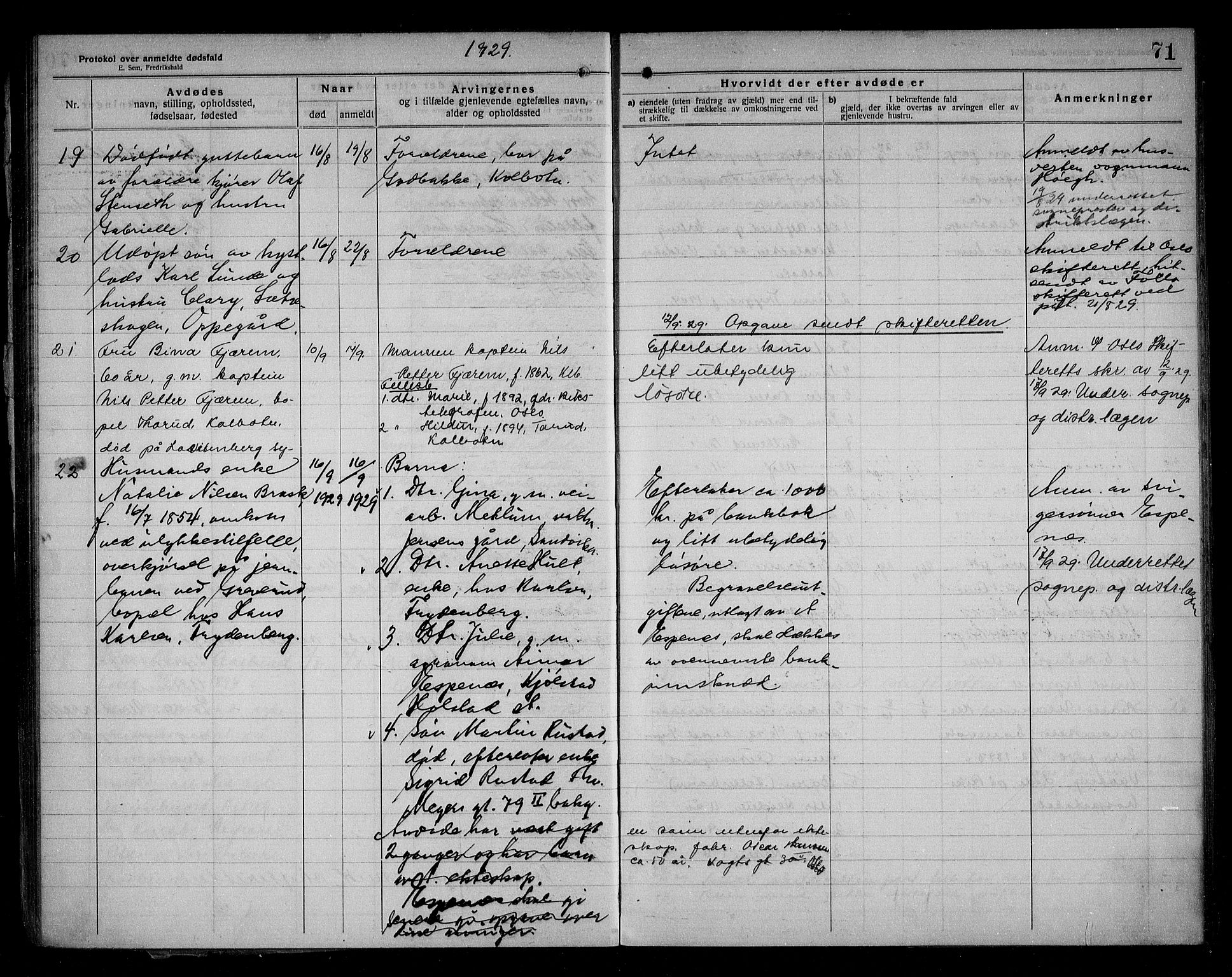 Oppegård lensmannskontor, AV/SAO-A-10186/H/Ha/L0001: Dødsfallsprotokoll, 1922-1936, s. 71