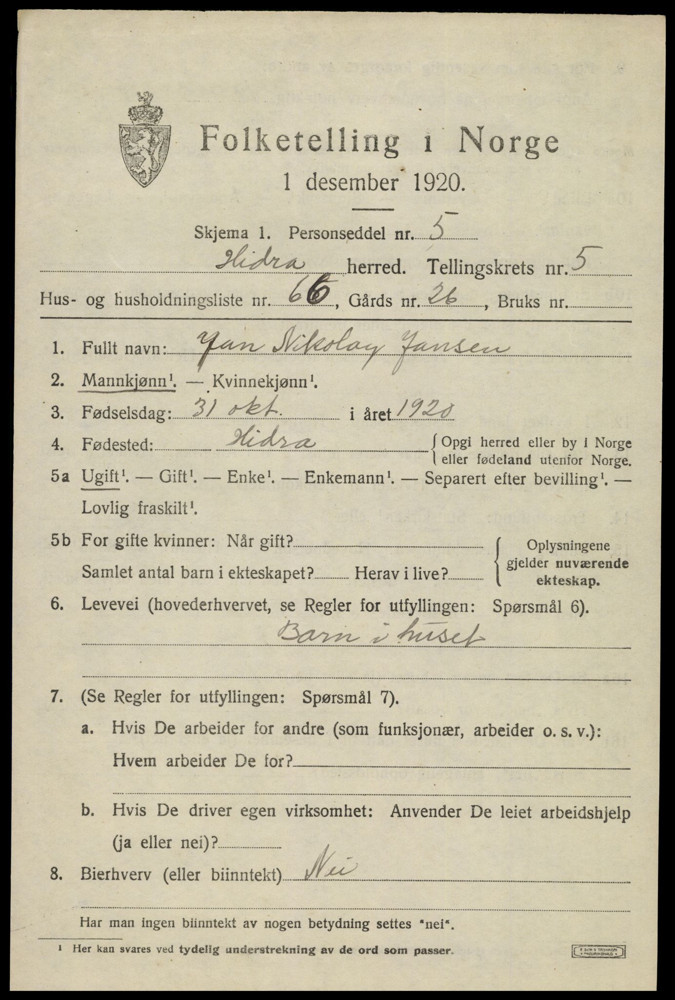 SAK, Folketelling 1920 for 1042 Hidra herred, 1920, s. 4088