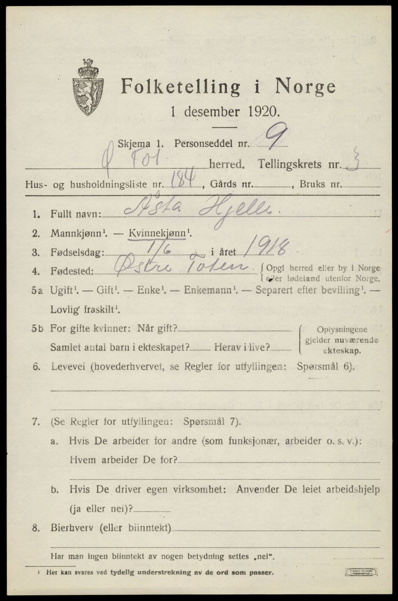 SAH, Folketelling 1920 for 0528 Østre Toten herred, 1920, s. 8080