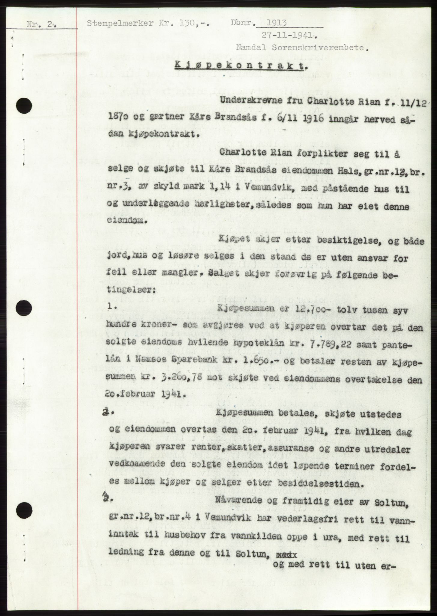 Namdal sorenskriveri, SAT/A-4133/1/2/2C: Pantebok nr. -, 1941-1942, Dagboknr: 1913/1941
