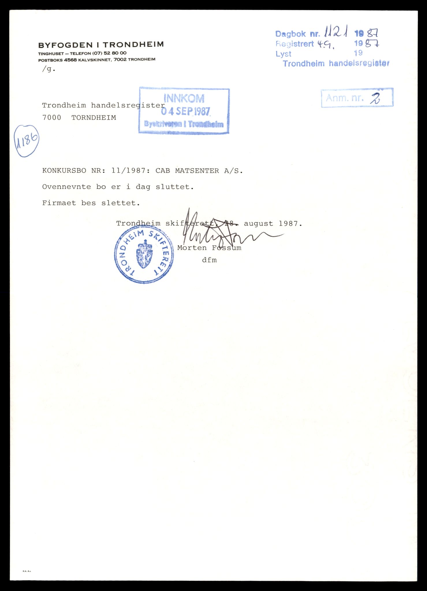 Trondheim byfogd, AV/SAT-A-0003/2/J/Jd/Jdb/L0088: Aksjeselskap, andelslag og borettslag, C-Di, 1986-1987, s. 1