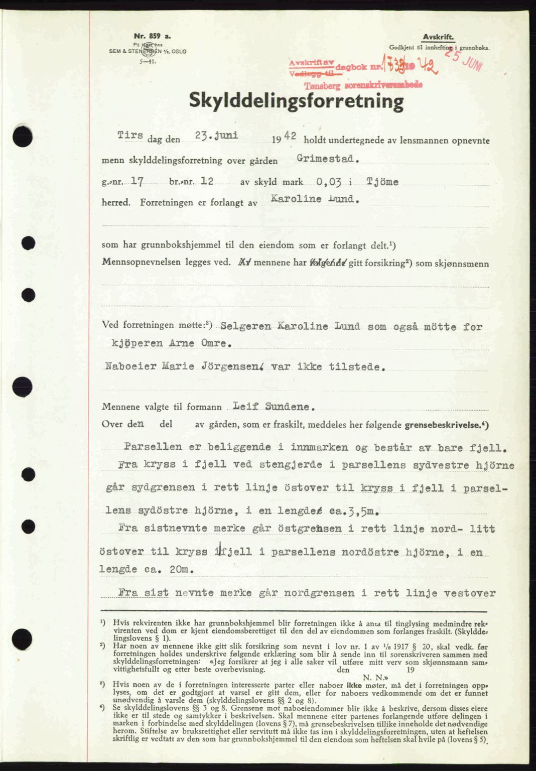 Tønsberg sorenskriveri, AV/SAKO-A-130/G/Ga/Gaa/L0011: Pantebok nr. A11, 1941-1942, Dagboknr: 1733/1942