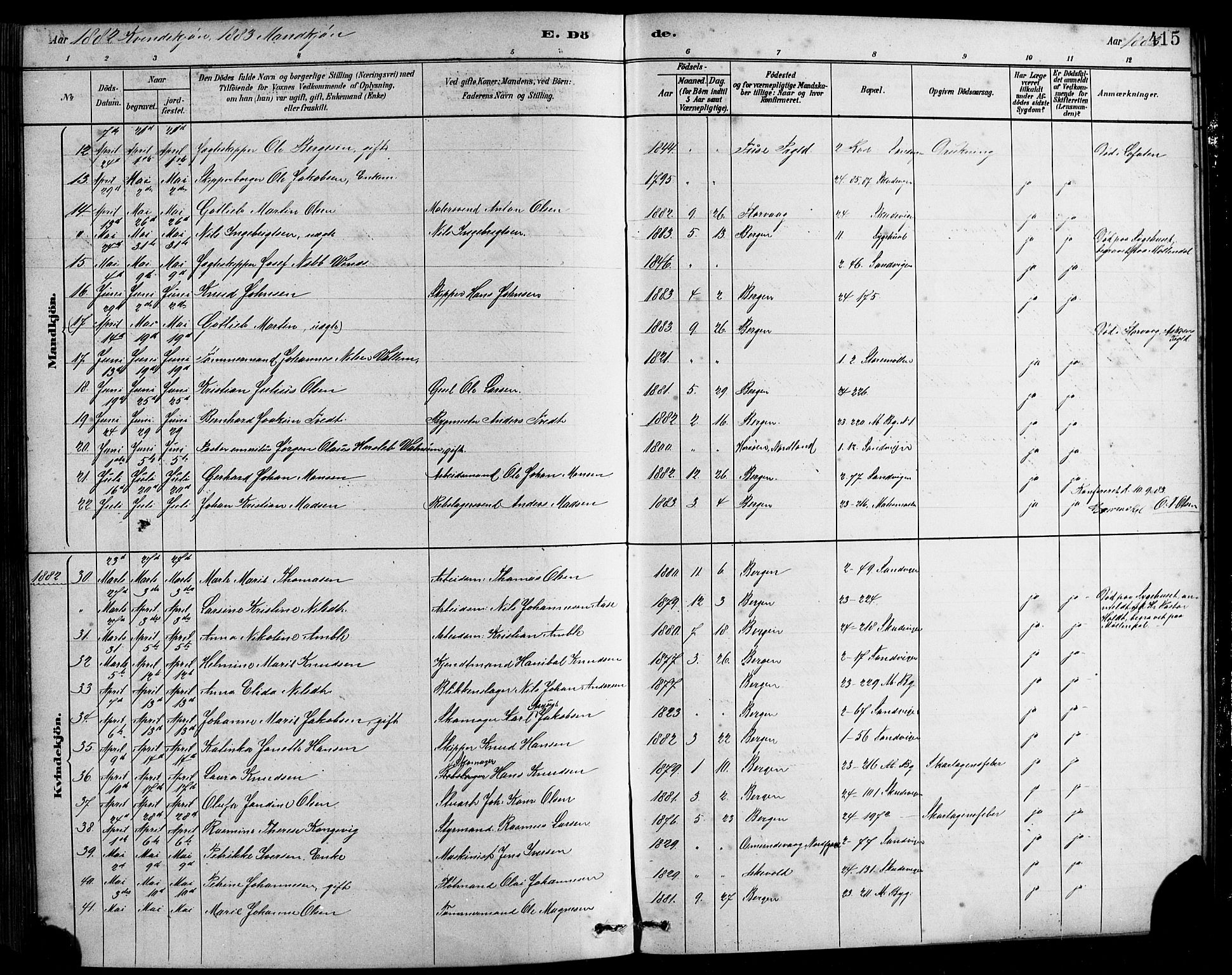 Sandviken Sokneprestembete, AV/SAB-A-77601/H/Hb/L0001: Klokkerbok nr. A 2, 1879-1892, s. 415