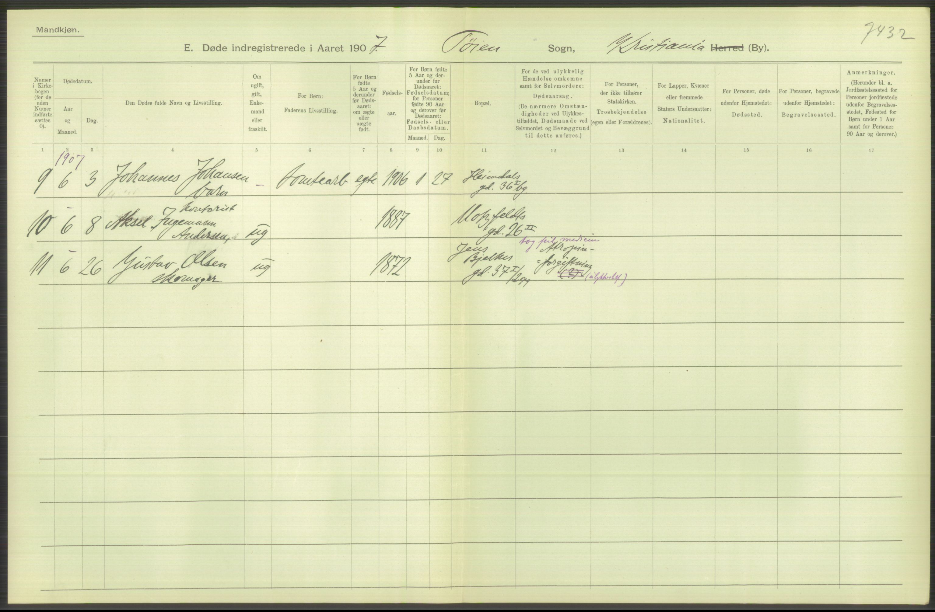 Statistisk sentralbyrå, Sosiodemografiske emner, Befolkning, AV/RA-S-2228/D/Df/Dfa/Dfae/L0009: Kristiania: Døde, 1907, s. 170