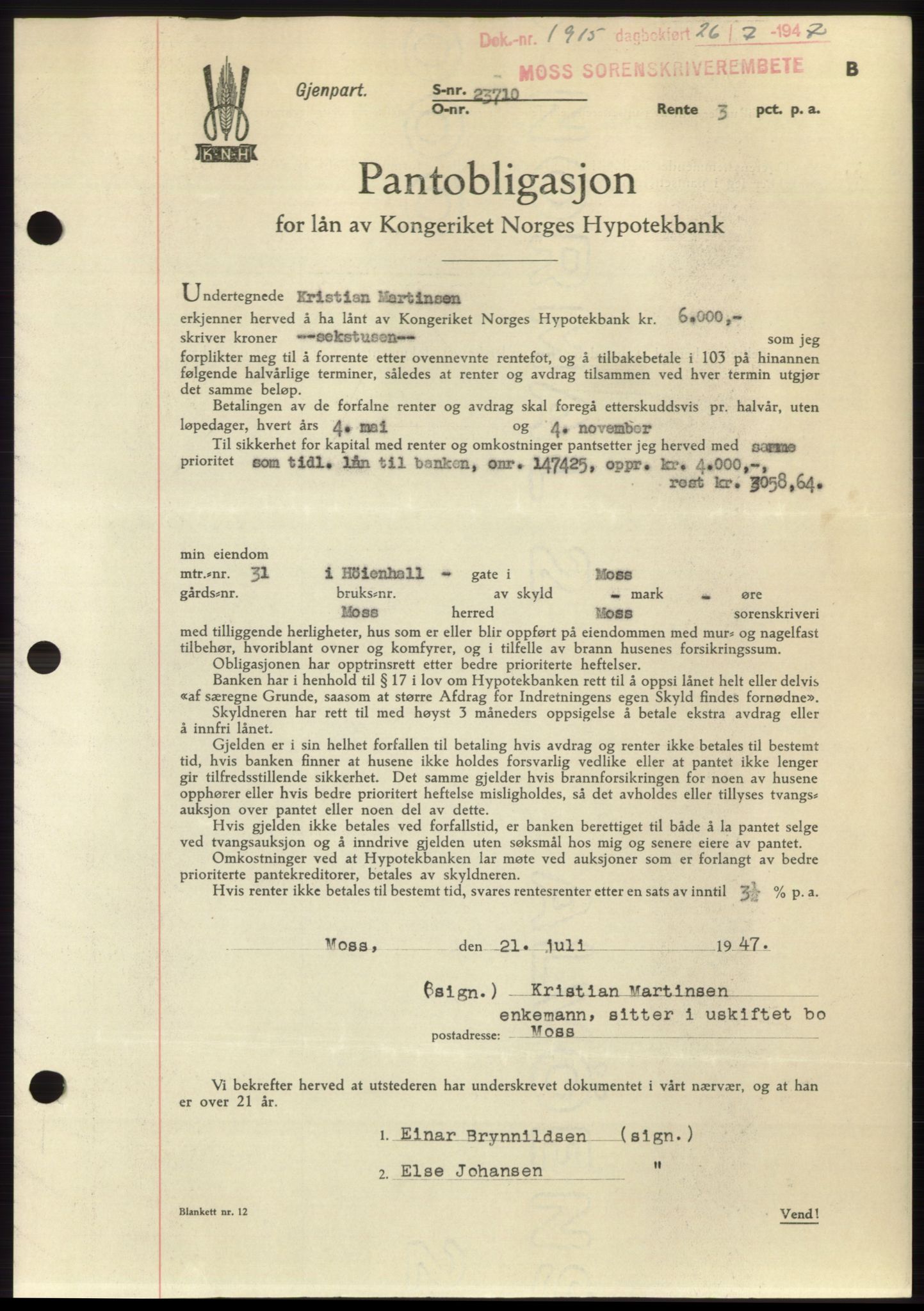 Moss sorenskriveri, SAO/A-10168: Pantebok nr. B17, 1947-1947, Dagboknr: 1915/1947