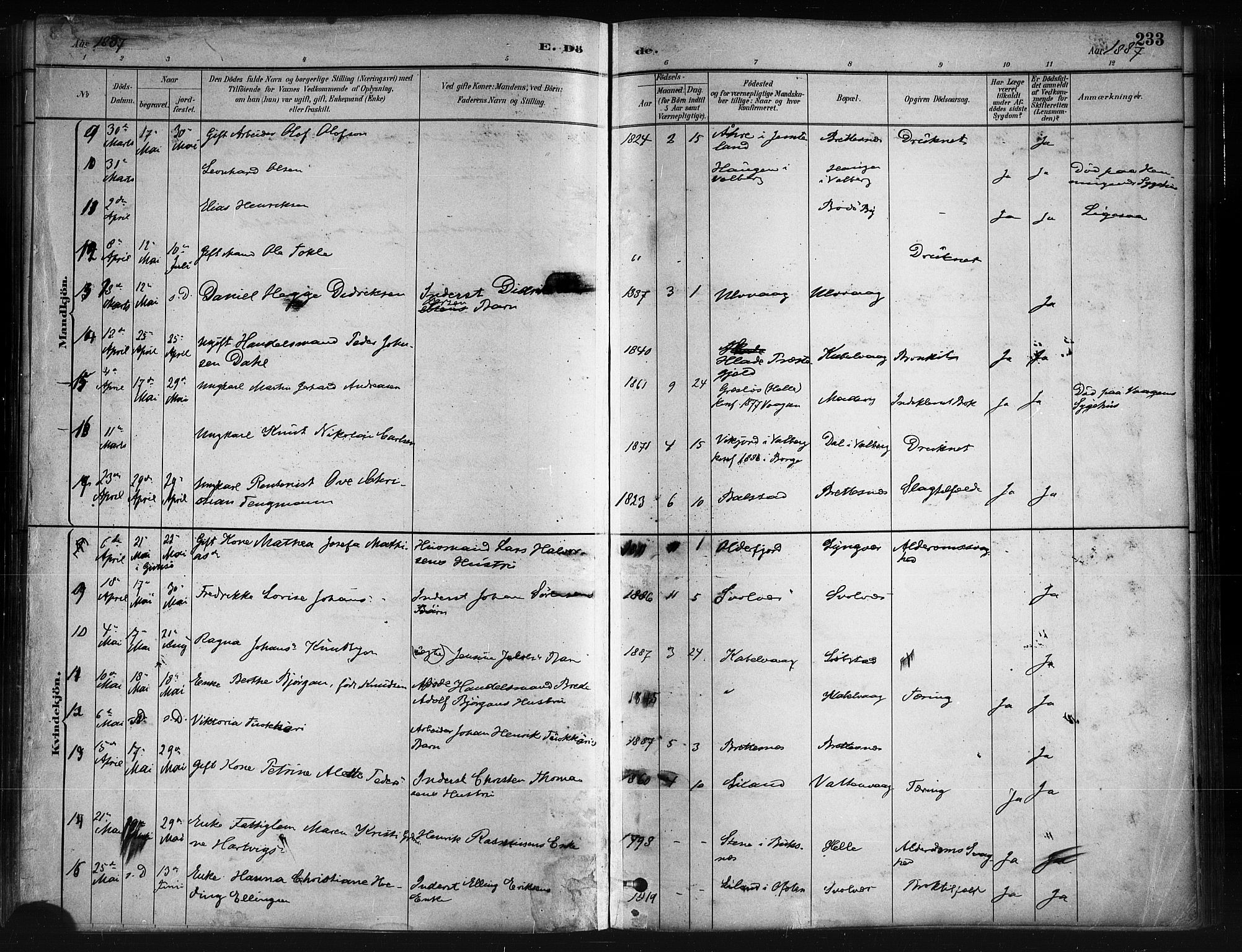 Ministerialprotokoller, klokkerbøker og fødselsregistre - Nordland, SAT/A-1459/874/L1059: Ministerialbok nr. 874A03, 1884-1890, s. 233