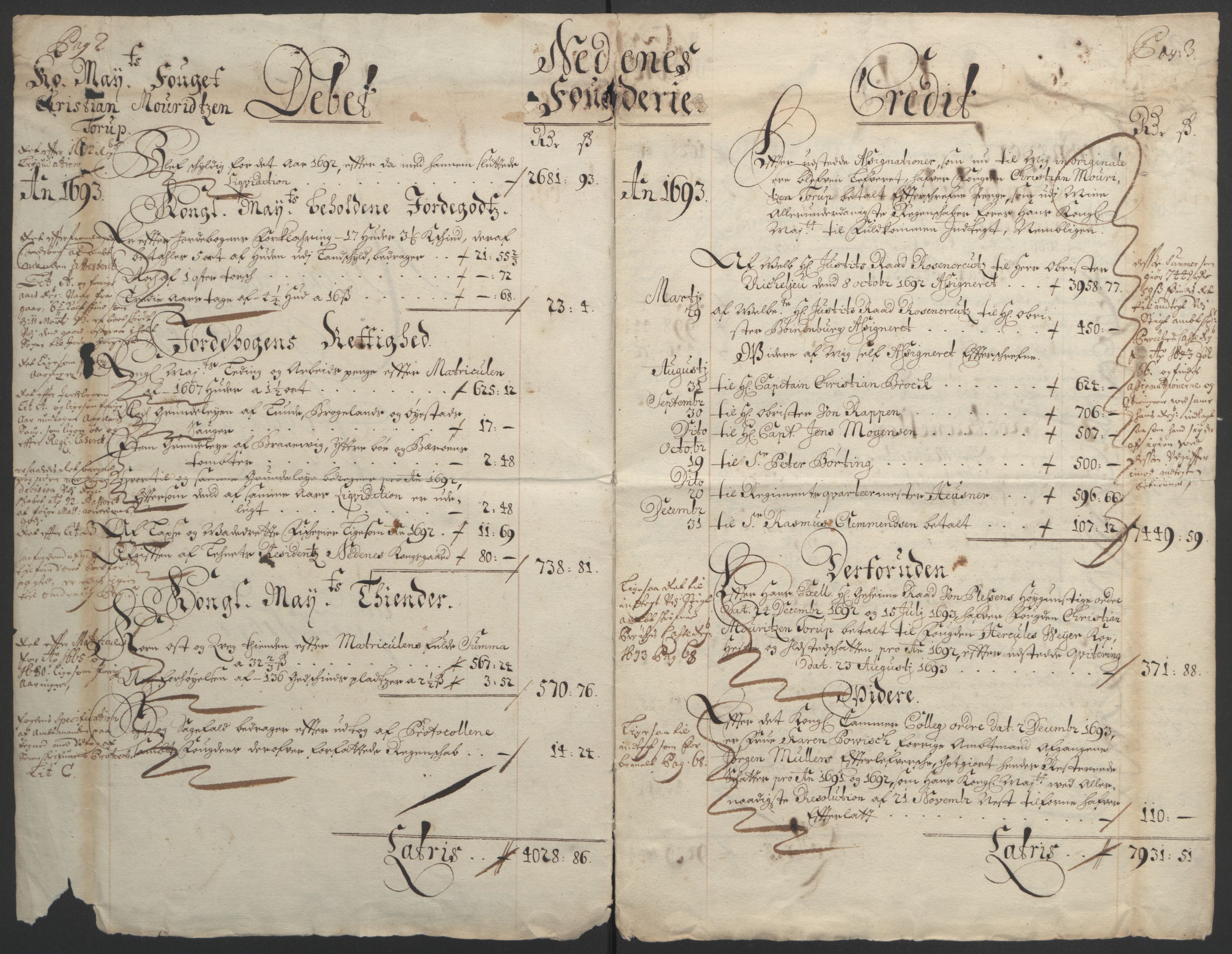 Rentekammeret inntil 1814, Reviderte regnskaper, Fogderegnskap, AV/RA-EA-4092/R39/L2312: Fogderegnskap Nedenes, 1693-1695, s. 8