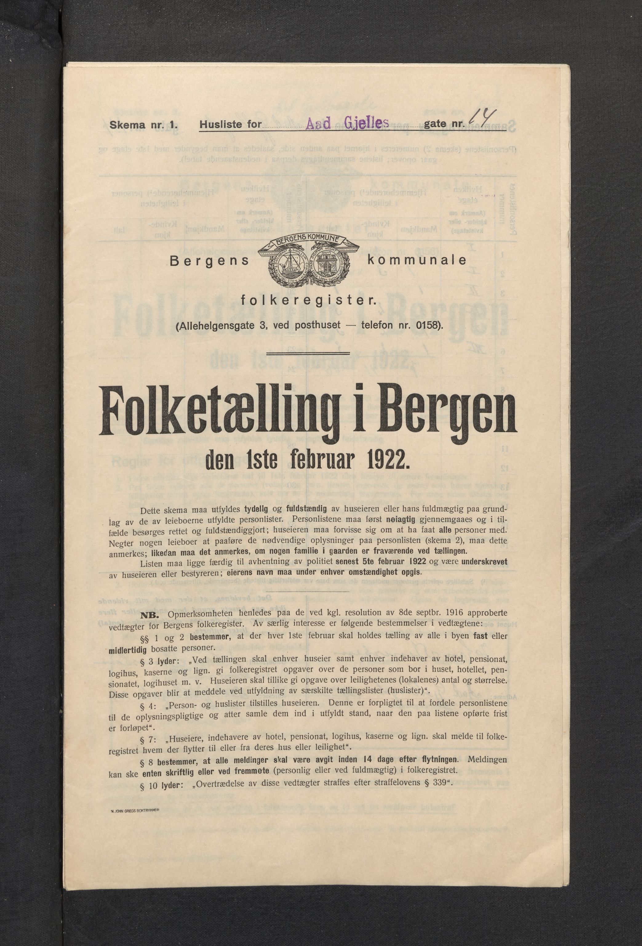 SAB, Kommunal folketelling 1922 for Bergen kjøpstad, 1922, s. 57