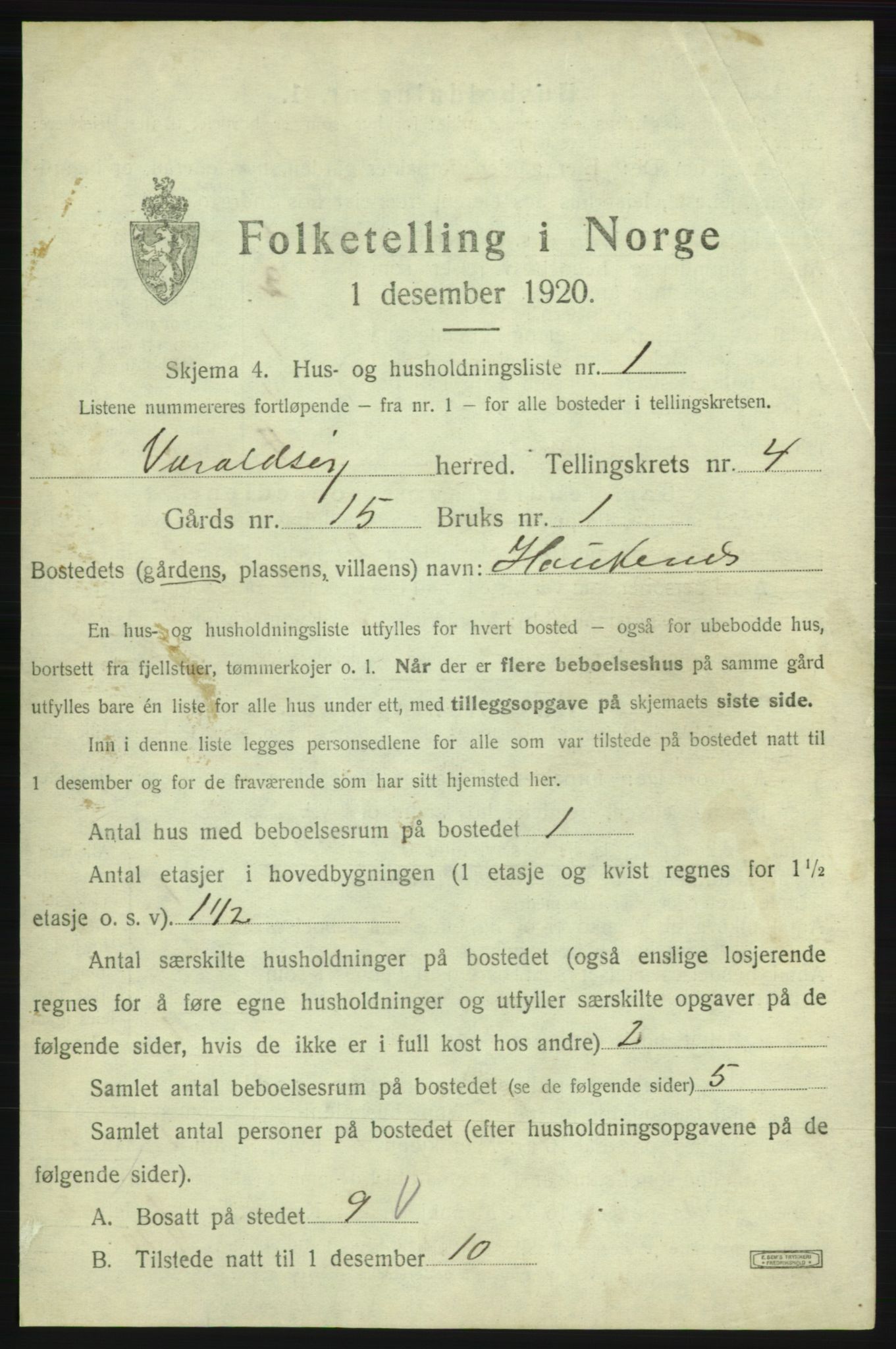SAB, Folketelling 1920 for 1225 Varaldsøy herred, 1920, s. 284