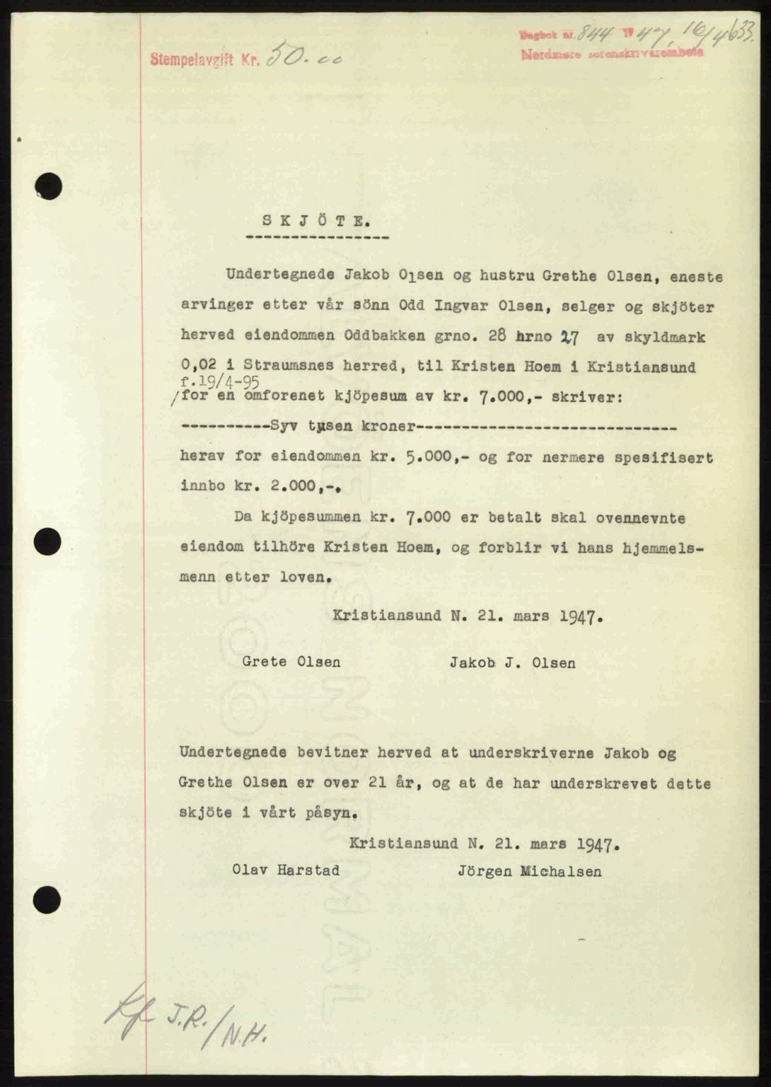 Nordmøre sorenskriveri, SAT/A-4132/1/2/2Ca: Pantebok nr. A104, 1947-1947, Dagboknr: 844/1947