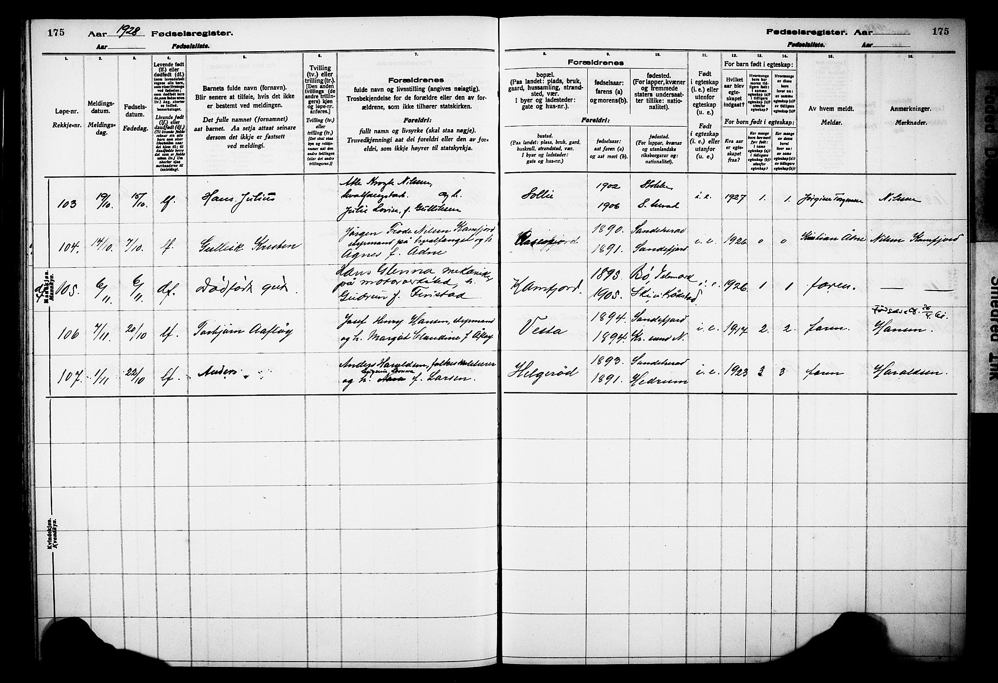 Sandar kirkebøker, AV/SAKO-A-243/J/Ja/L0002: Fødselsregister nr. 2, 1922-1929, s. 175