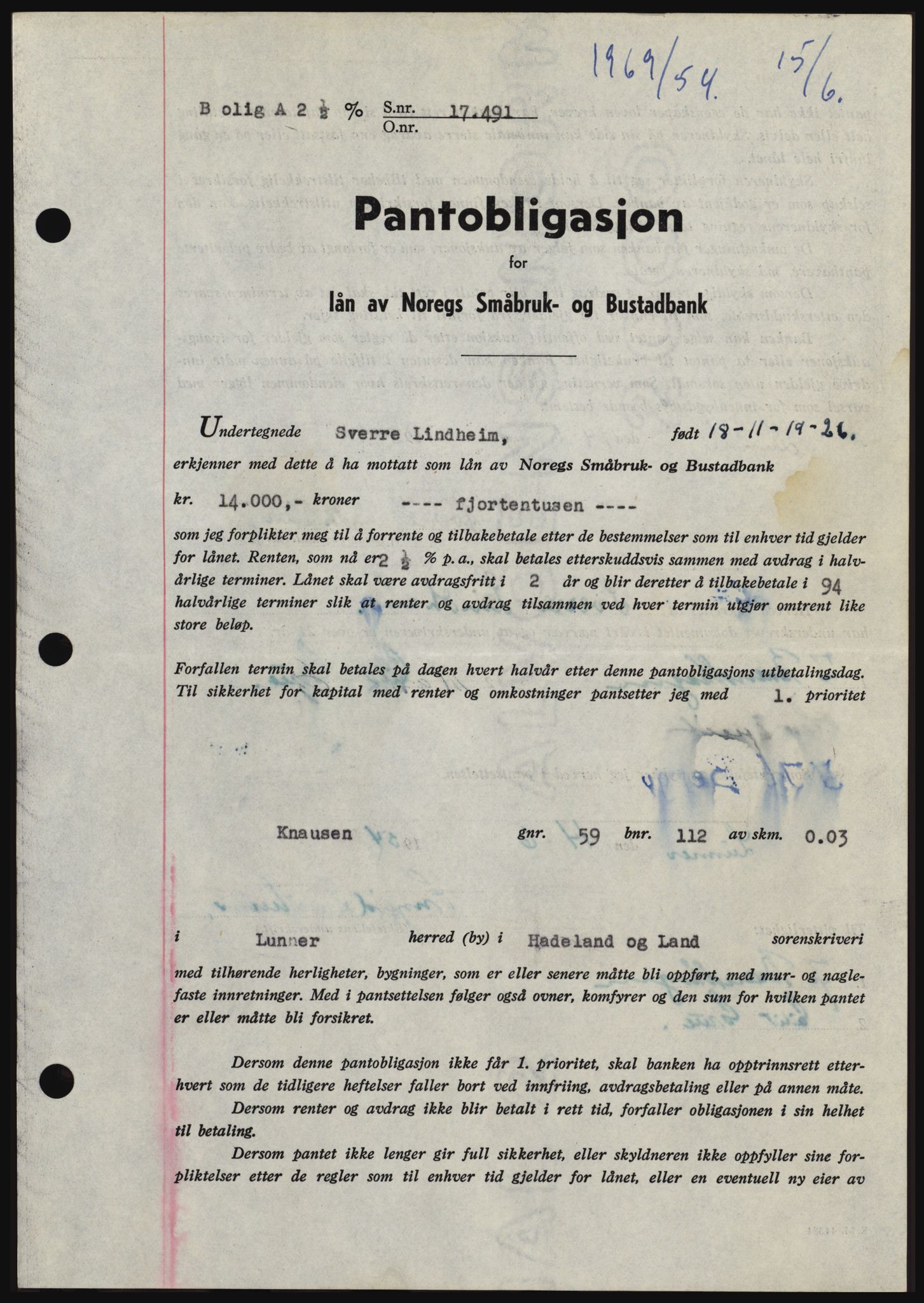 Hadeland og Land tingrett, SAH/TING-010/H/Hb/Hbc/L0030: Pantebok nr. B30, 1954-1954, Dagboknr: 1969/1954