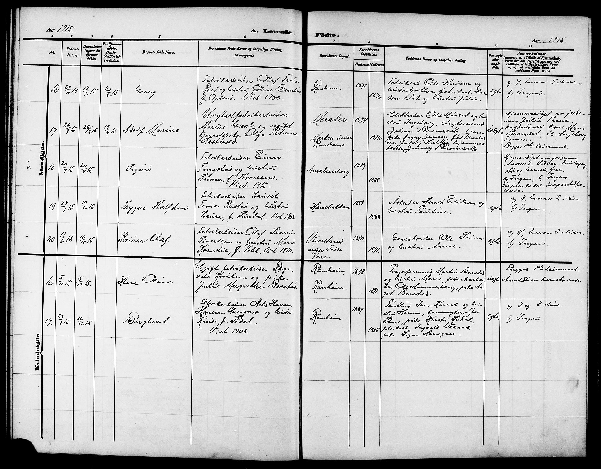 Ministerialprotokoller, klokkerbøker og fødselsregistre - Sør-Trøndelag, AV/SAT-A-1456/615/L0400: Klokkerbok nr. 615C01, 1905-1921