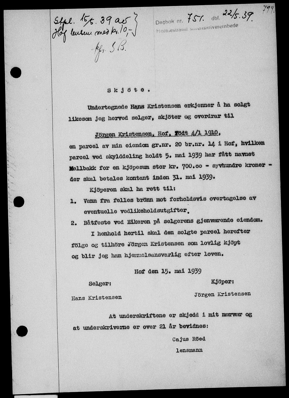 Holmestrand sorenskriveri, SAKO/A-67/G/Ga/Gaa/L0050: Pantebok nr. A-50, 1938-1939, Dagboknr: 751/1939