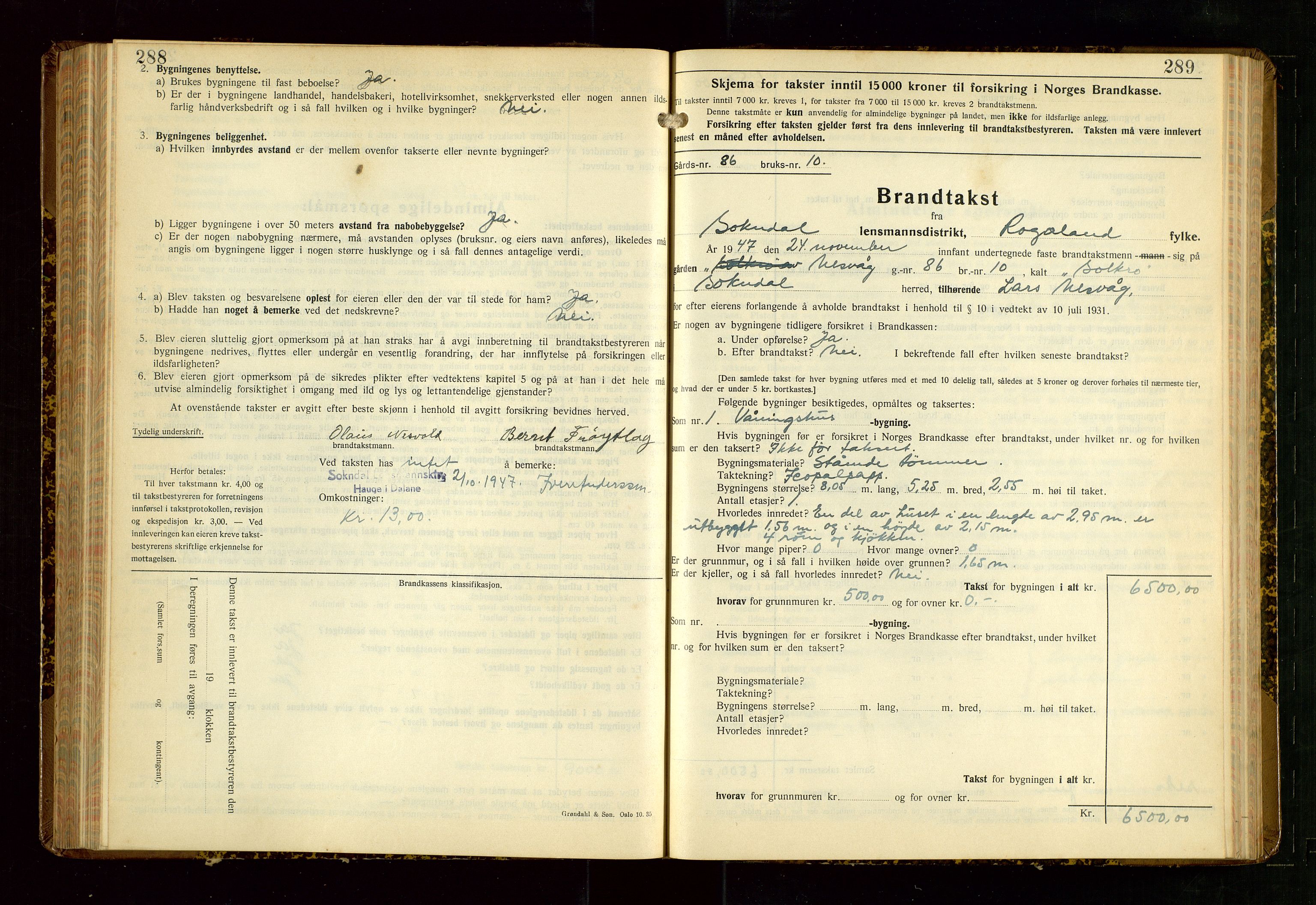 Sokndal lensmannskontor, AV/SAST-A-100417/Gob/L0008: "Brandtakst-Protokoll", 1937-1955, s. 288-289