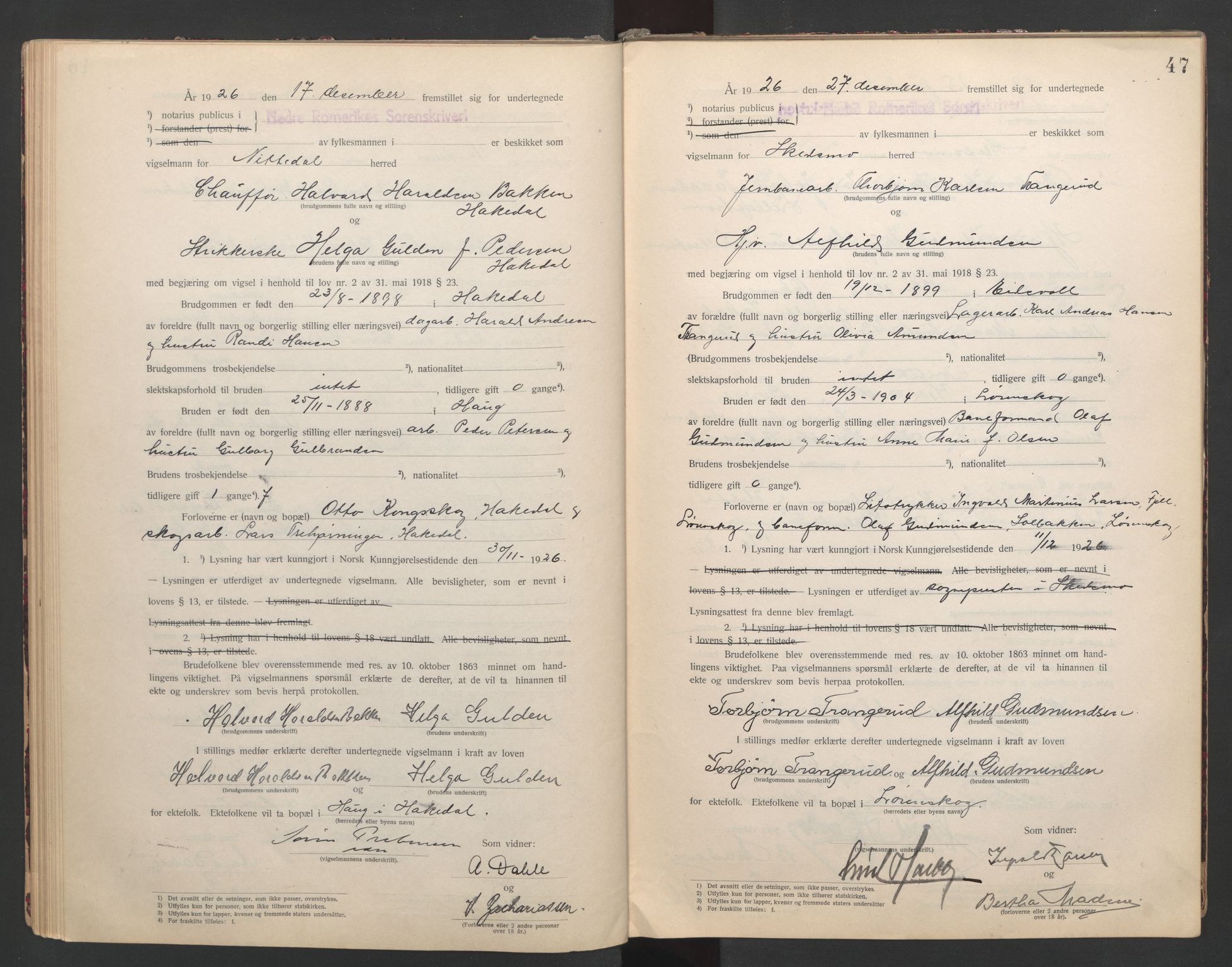 Nedre Romerike sorenskriveri, SAO/A-10469/L/Lb/L0001: Vigselsbok - borgerlige vielser, 1920-1935, s. 47