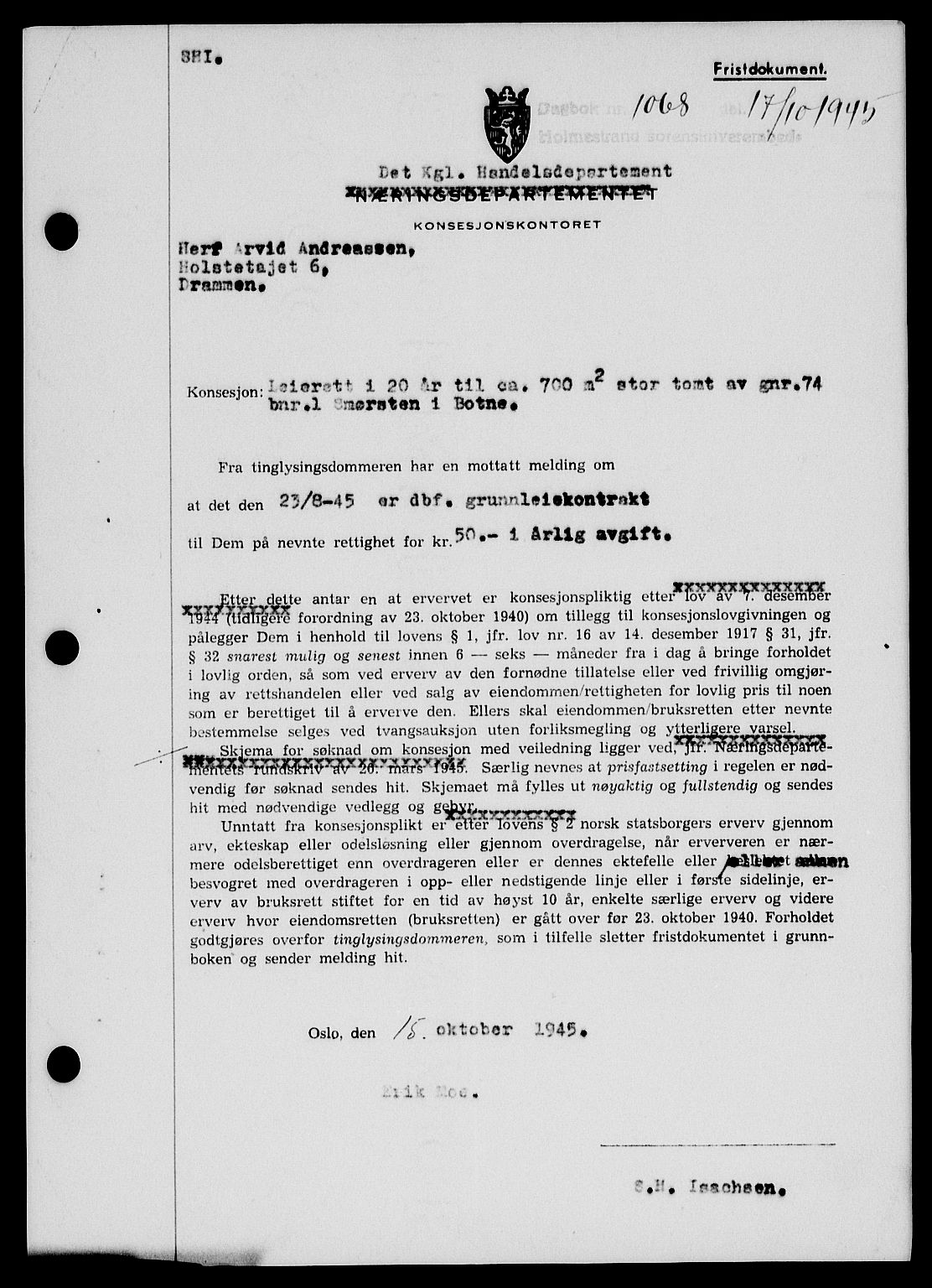 Holmestrand sorenskriveri, SAKO/A-67/G/Ga/Gab/L0055: Pantebok nr. B-55, 1945-1946, Dagboknr: 1068/1945