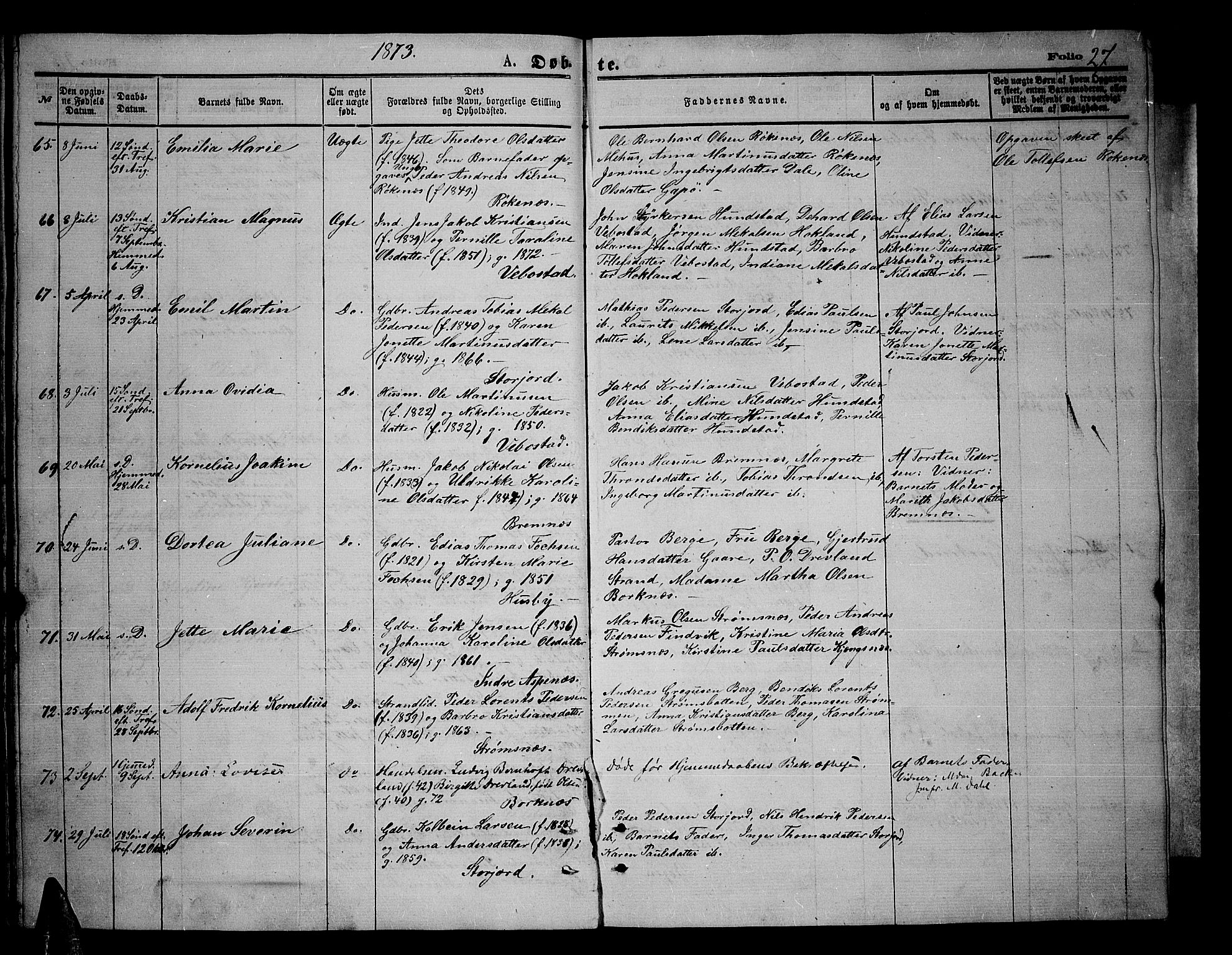 Kvæfjord sokneprestkontor, AV/SATØ-S-1323/G/Ga/Gab/L0004klokker: Klokkerbok nr. 4, 1870-1886, s. 27