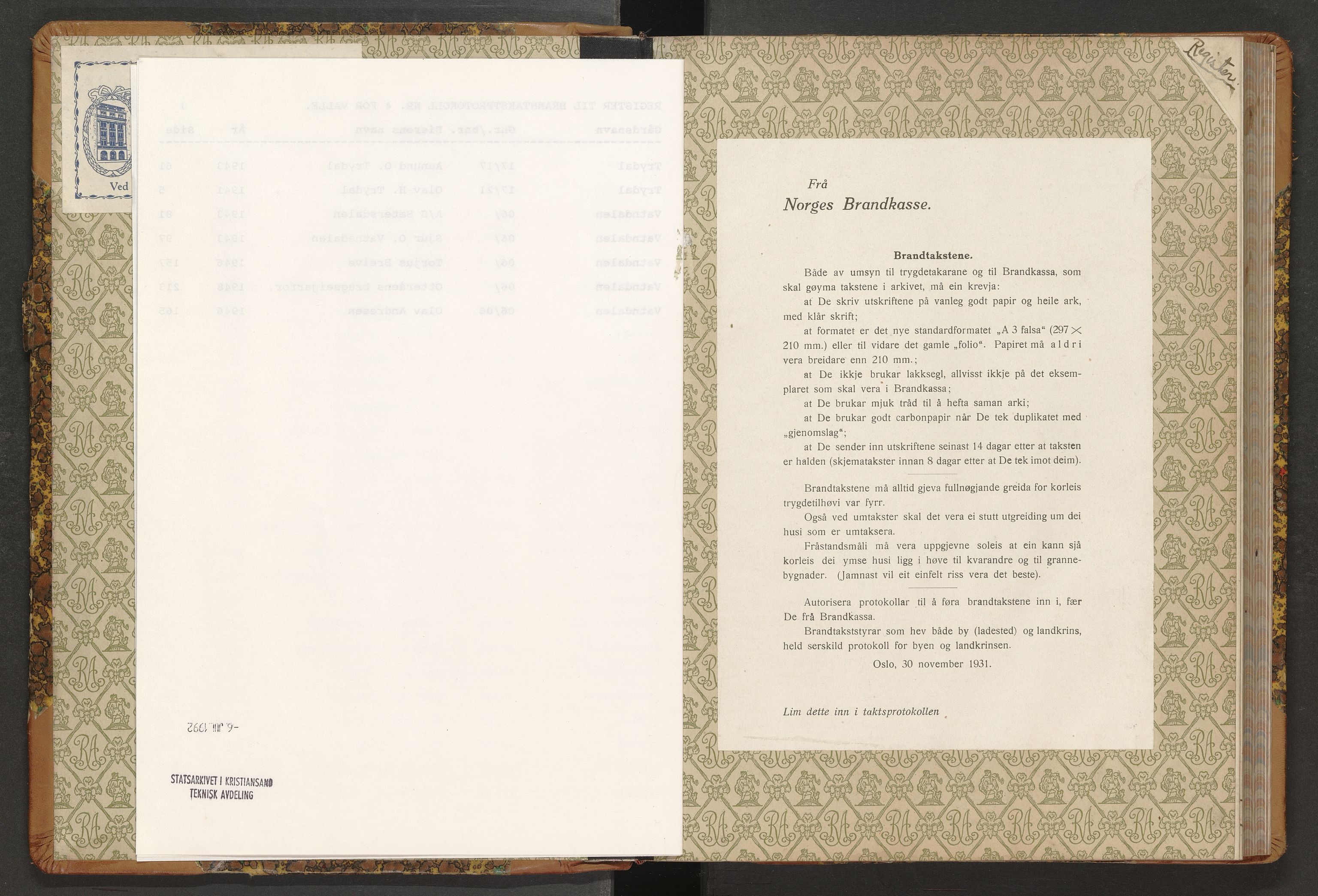 Norges Brannkasse Valle, AV/SAK-2241-0052/F/Fa/L0004: Branntakstprotokoll nr. 4 med gårdsnavnregister, 1941-1949