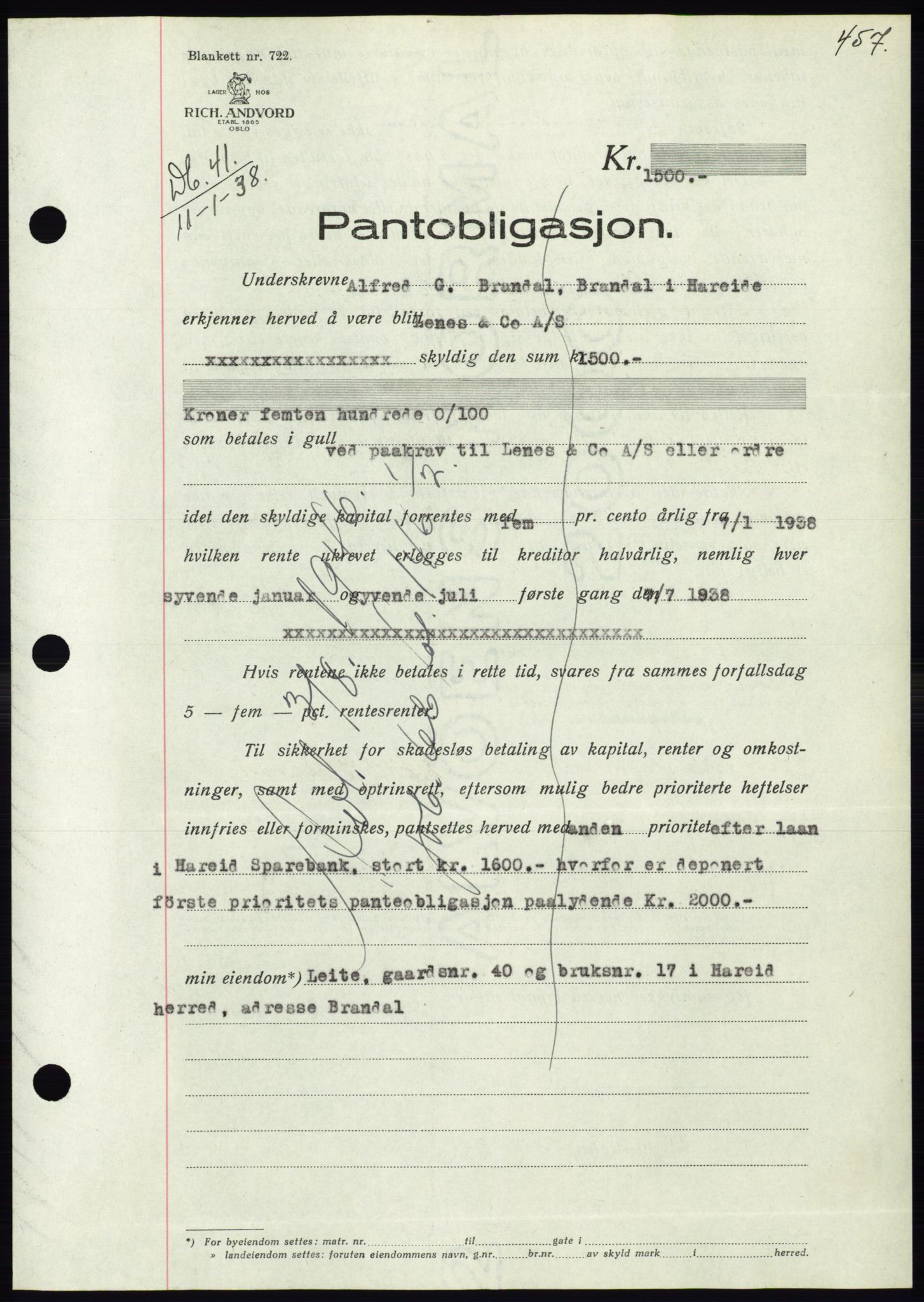 Søre Sunnmøre sorenskriveri, SAT/A-4122/1/2/2C/L0064: Pantebok nr. 58, 1937-1938, Dagboknr: 41/1938