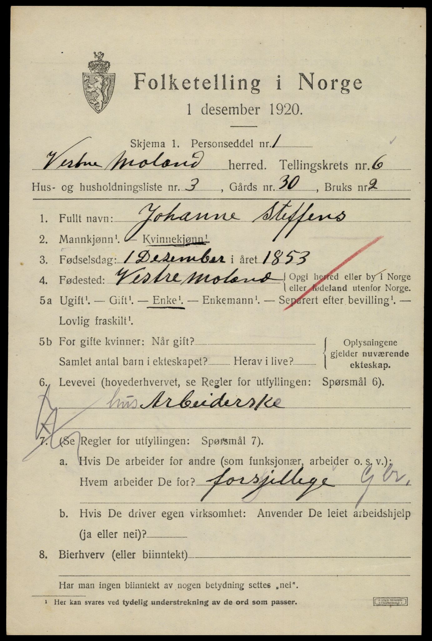 SAK, Folketelling 1920 for 0926 Vestre Moland herred, 1920, s. 4619