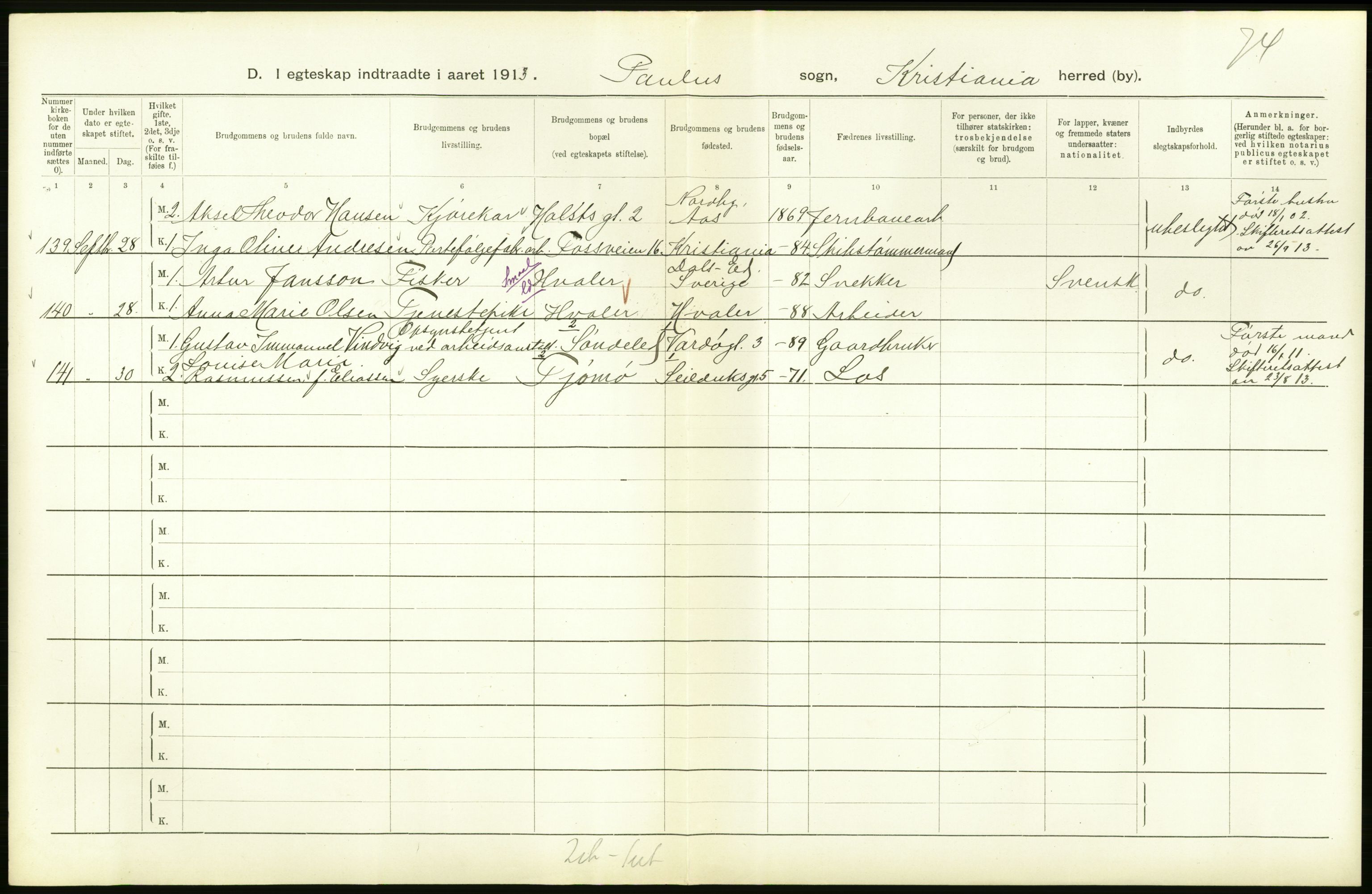 Statistisk sentralbyrå, Sosiodemografiske emner, Befolkning, AV/RA-S-2228/D/Df/Dfb/Dfbc/L0008: Kristiania: Gifte., 1913, s. 300