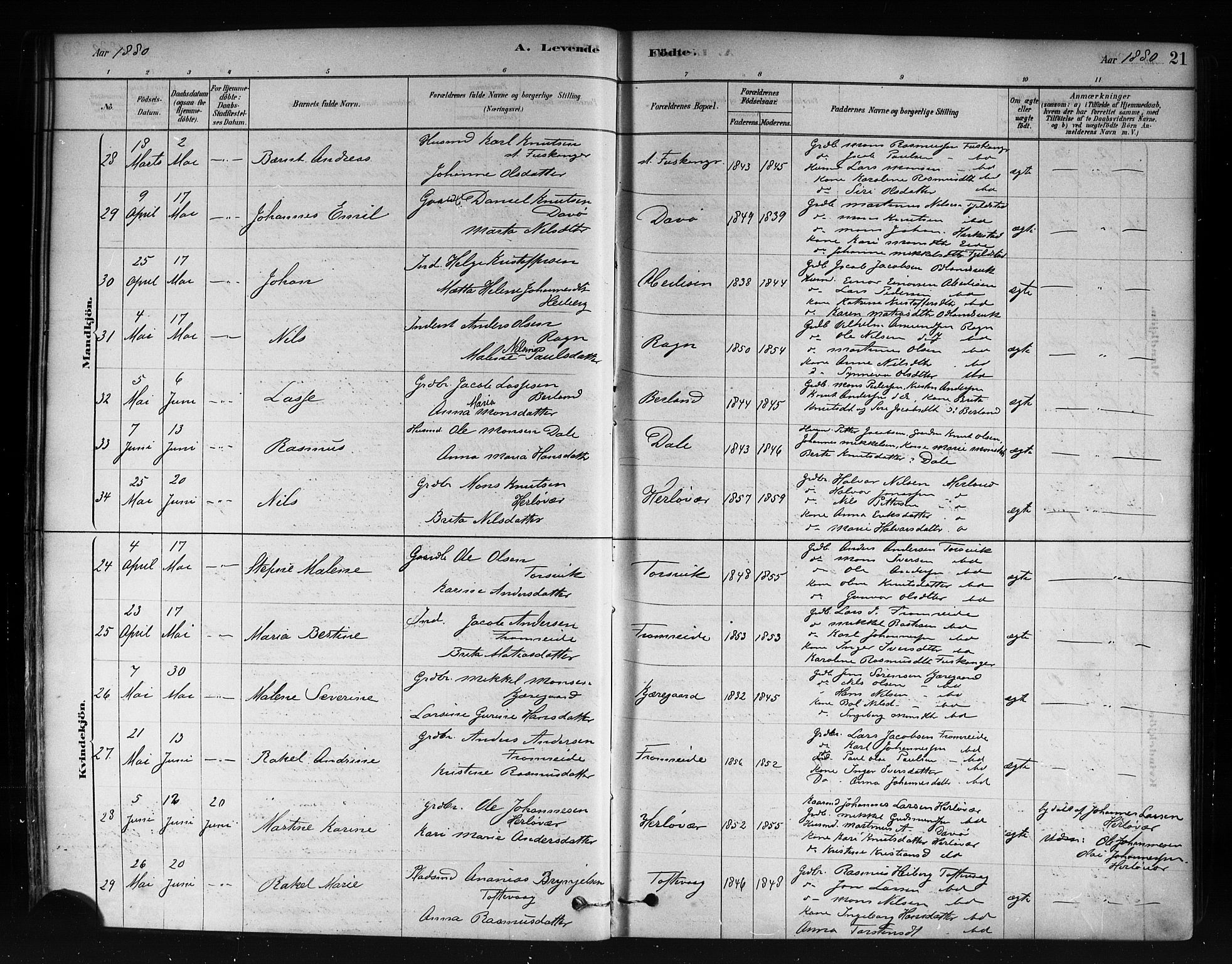 Herdla Sokneprestembete, AV/SAB-A-75701/H/Haa: Ministerialbok nr. A 3, 1878-1890, s. 21
