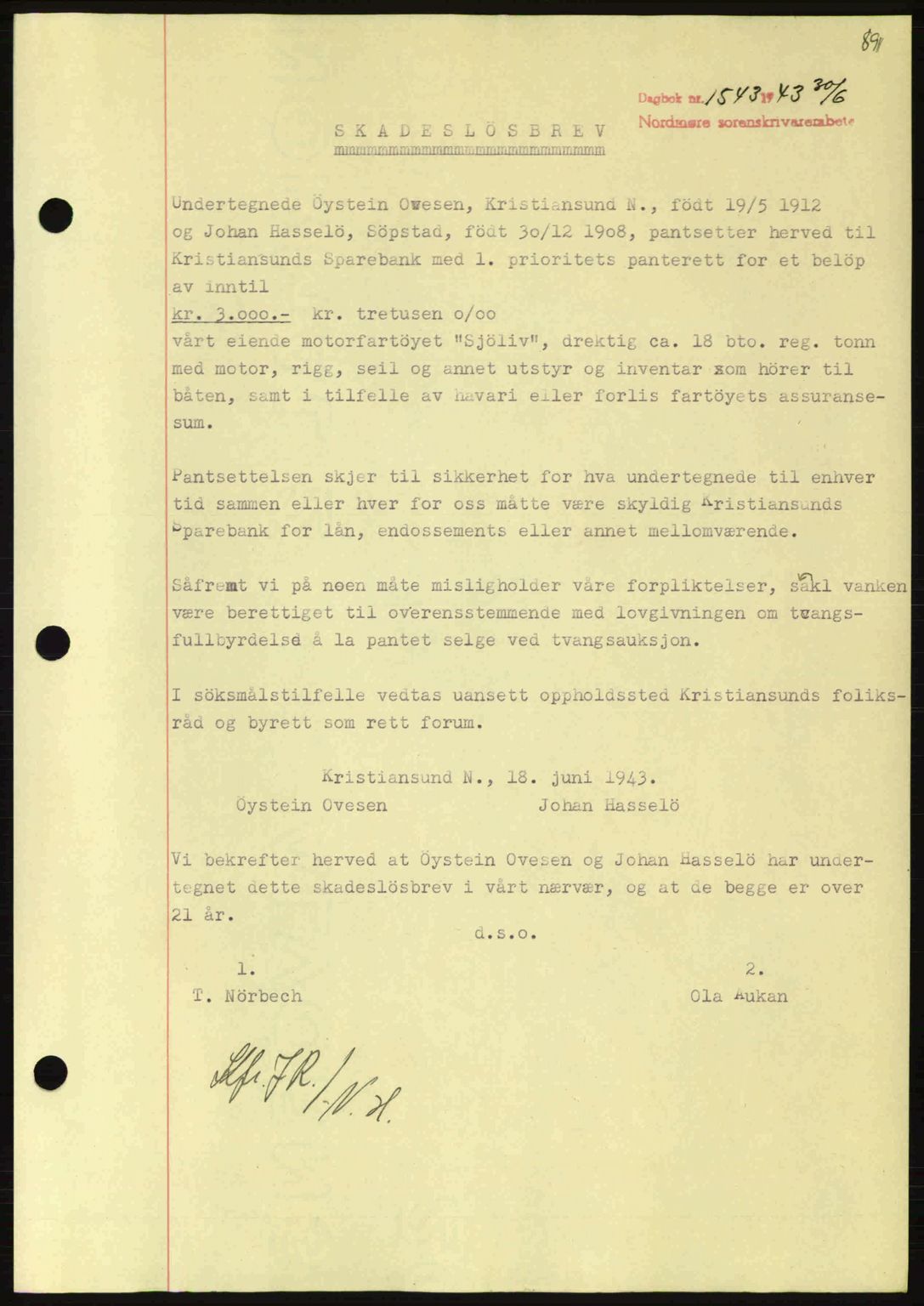 Nordmøre sorenskriveri, SAT/A-4132/1/2/2Ca: Pantebok nr. B90, 1942-1943, Dagboknr: 1543/1943