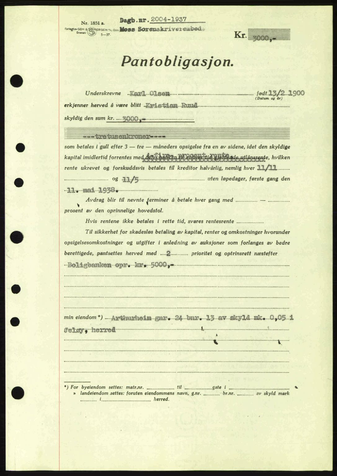 Moss sorenskriveri, SAO/A-10168: Pantebok nr. B4, 1937-1938, Dagboknr: 2004/1937