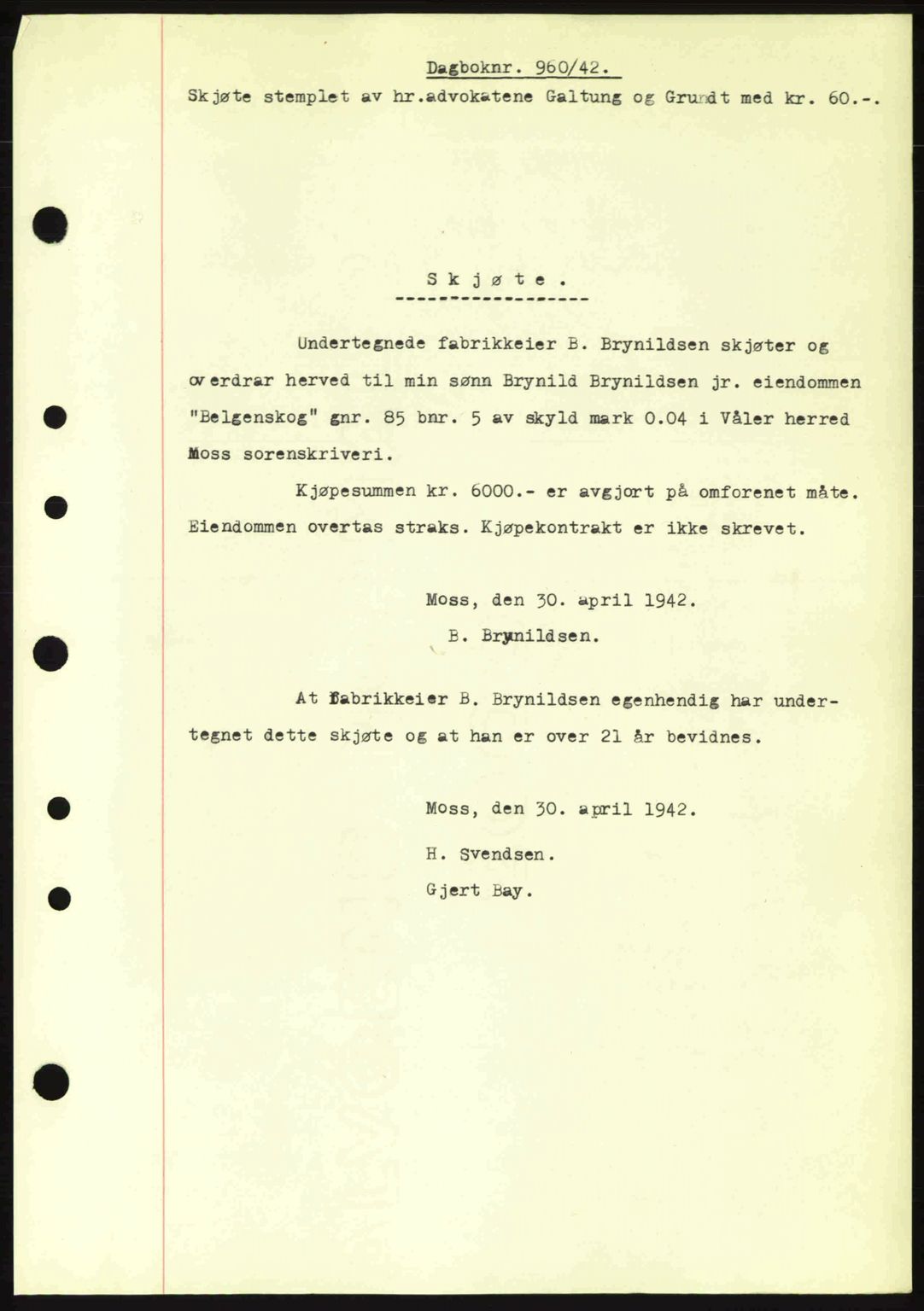 Moss sorenskriveri, SAO/A-10168: Pantebok nr. A9, 1941-1942, Dagboknr: 960/1942