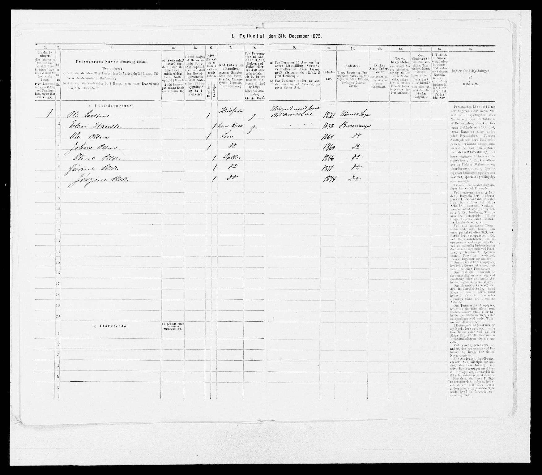 SAB, Folketelling 1875 for 1438P Bremanger prestegjeld, 1875, s. 170