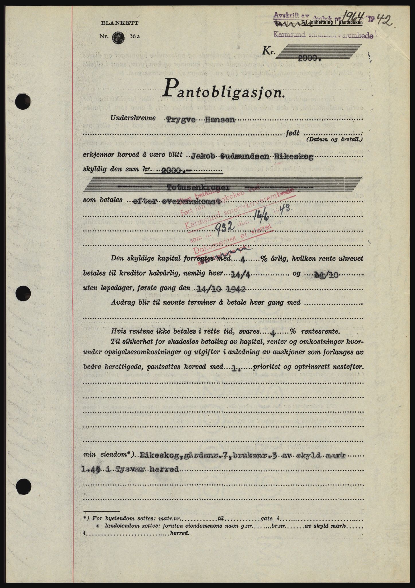 Karmsund sorenskriveri, SAST/A-100311/01/II/IIBBE/L0008: Pantebok nr. B 54, 1942-1943, Dagboknr: 1964/1942