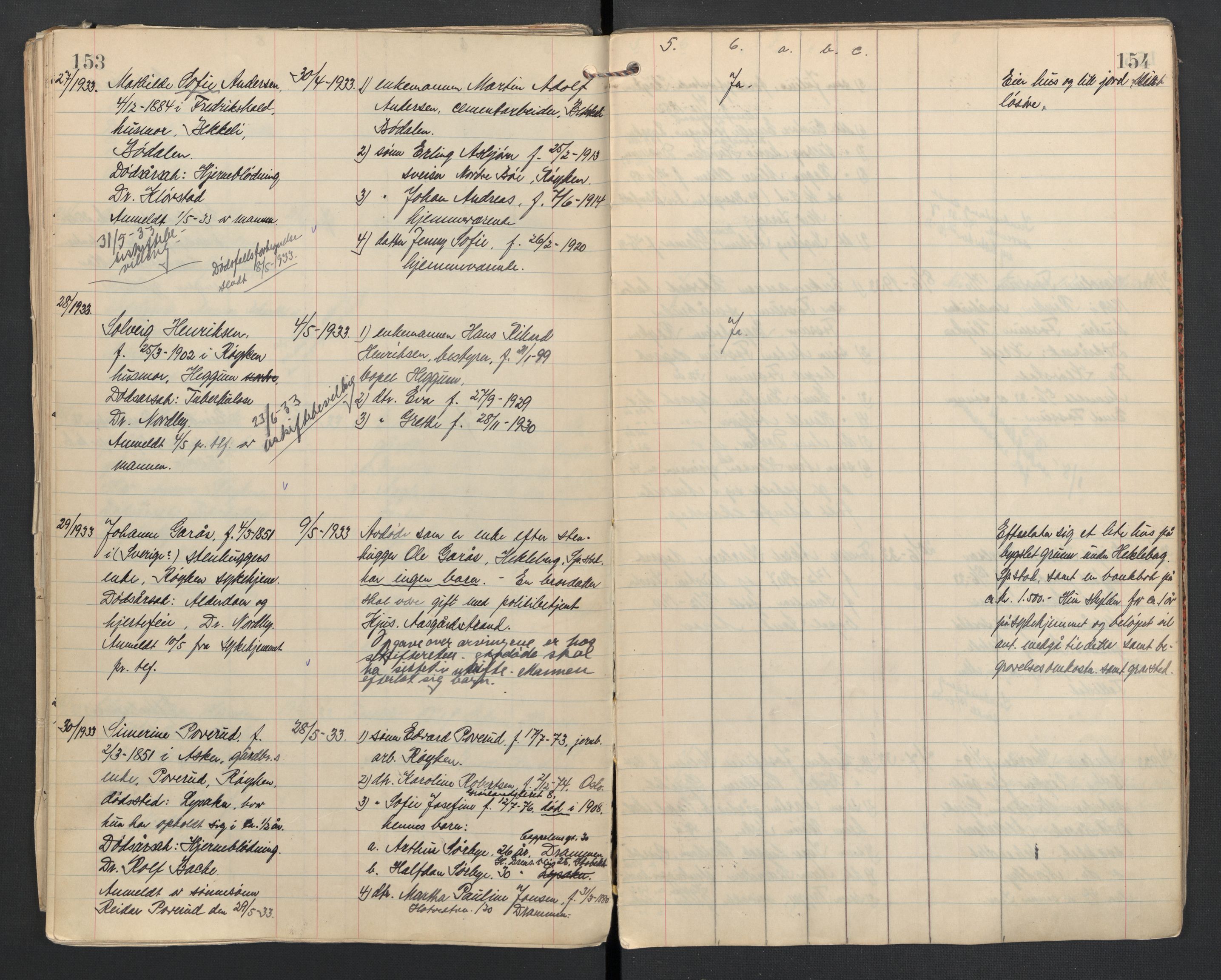 Røyken lensmannskontor, SAKO/A-522/H/Ha/L0001: Dødsfallsprotokoll, 1926-1938, s. 153-154