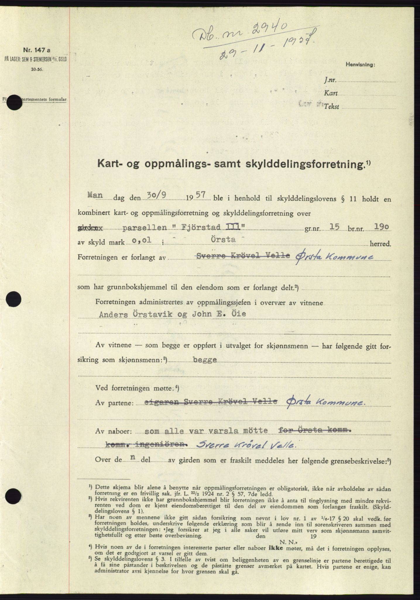 Søre Sunnmøre sorenskriveri, SAT/A-4122/1/2/2C/L0108: Pantebok nr. 34A, 1957-1958, Dagboknr: 2940/1957