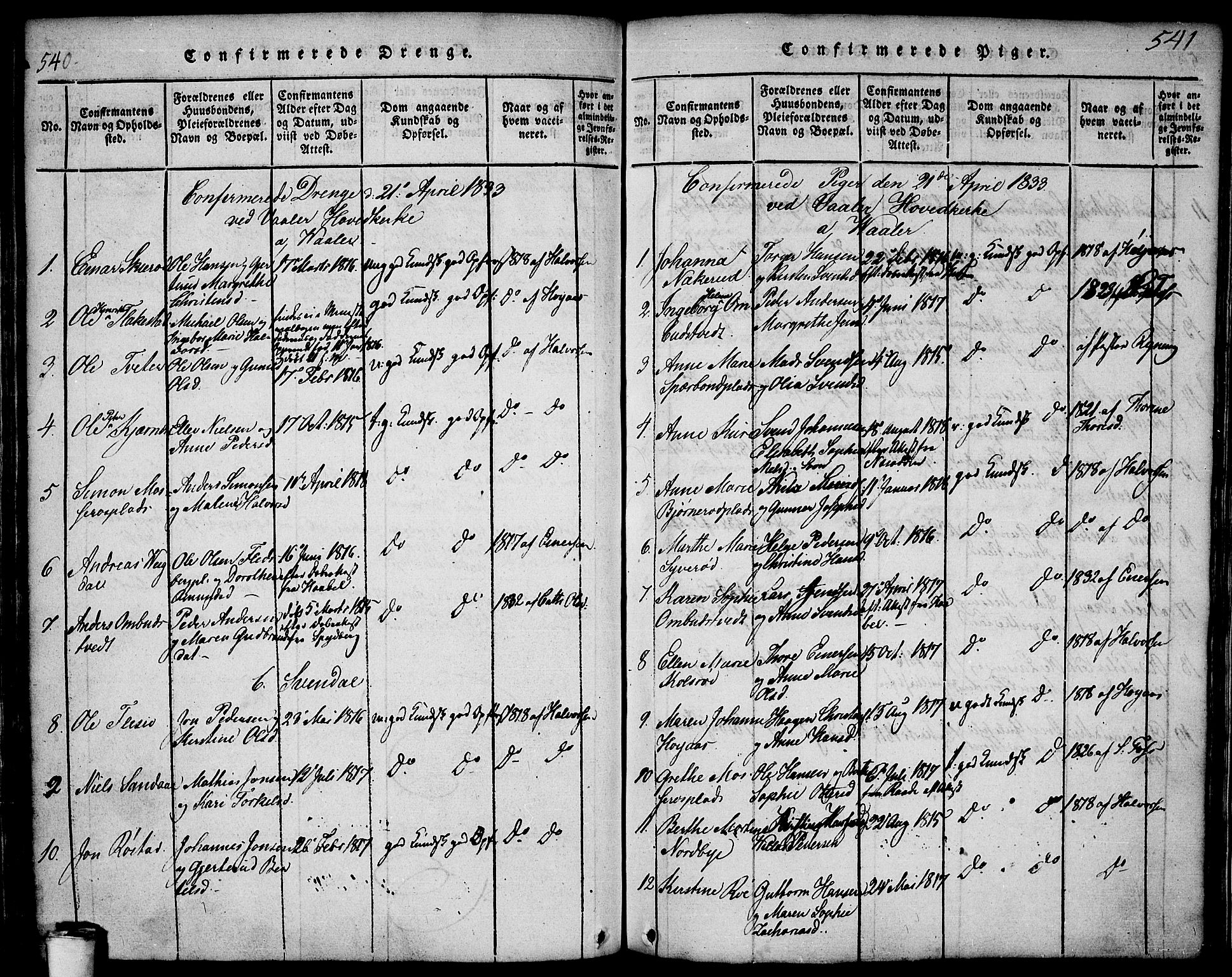 Våler prestekontor Kirkebøker, SAO/A-11083/F/Fa/L0005: Ministerialbok nr. I 5, 1815-1839, s. 540-541