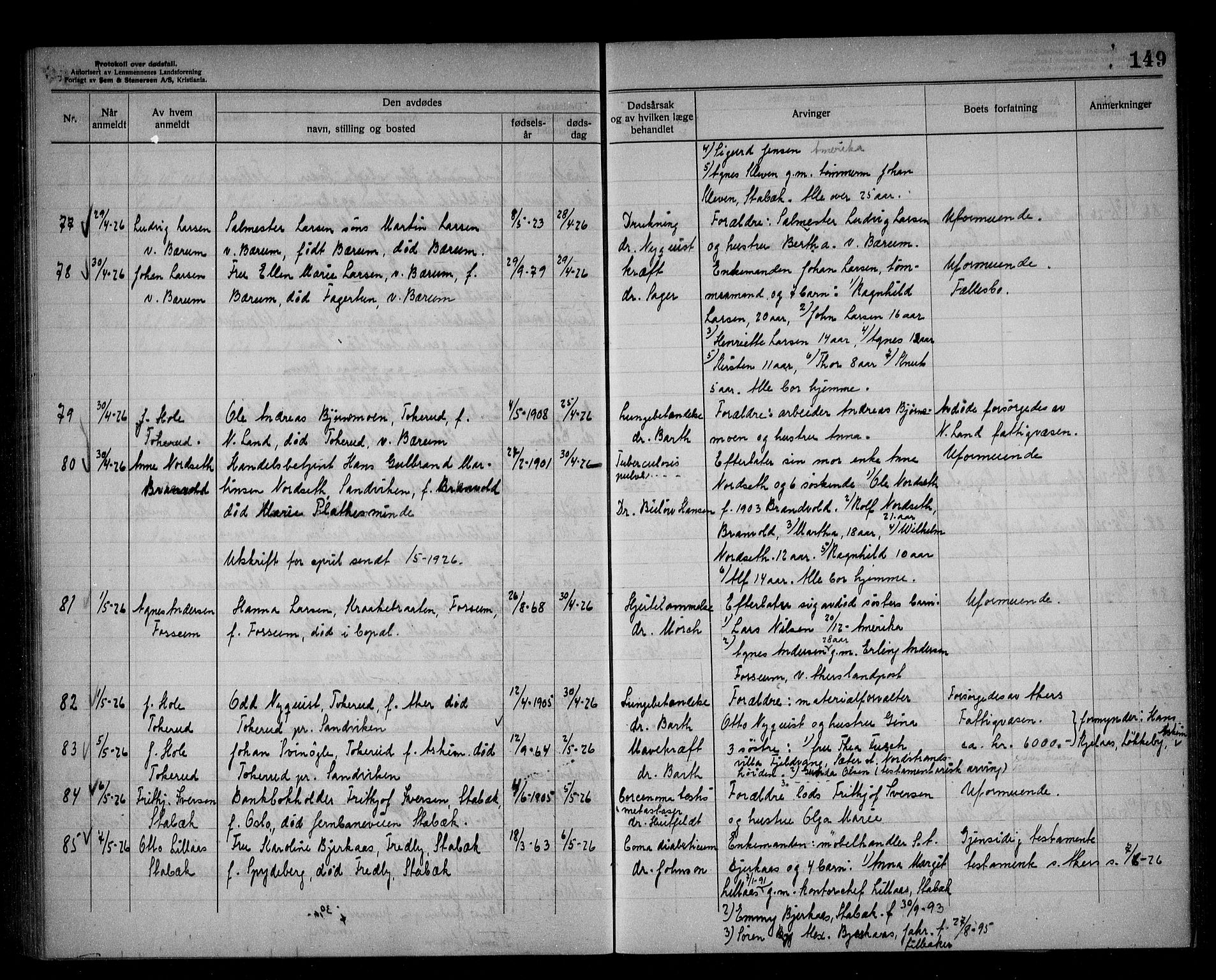 Bærum lensmannskontor, AV/SAO-A-10277/H/Ha/Haa/L0006: Dødsanmeldelsesprotokoll, 1922-1928, s. 149