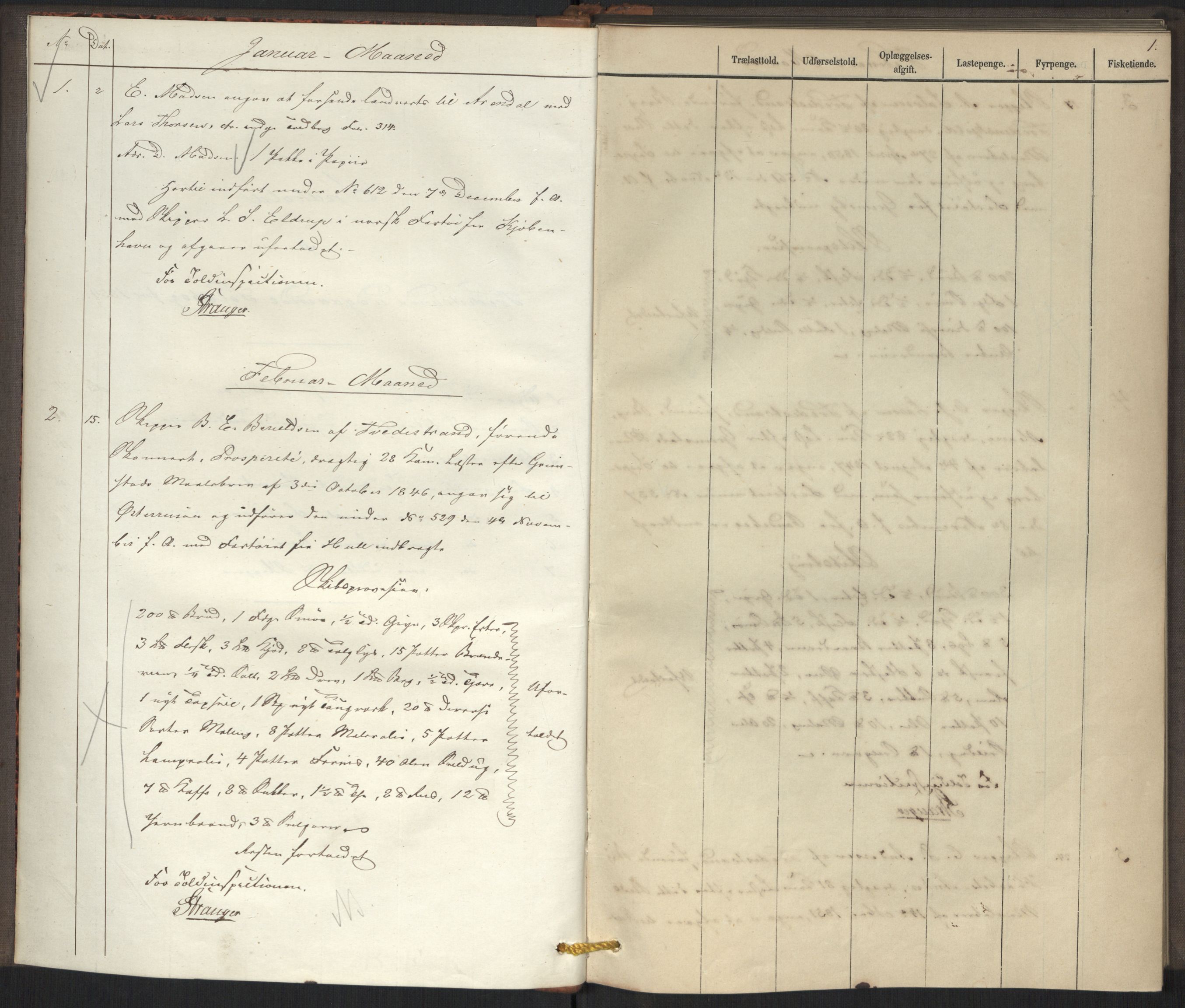 Revisjonsdepartementet, 2. revisjonskontor, AV/RA-S-1115/E/E031/L0171: Tvedestrand: Utgående tollbok, 1854