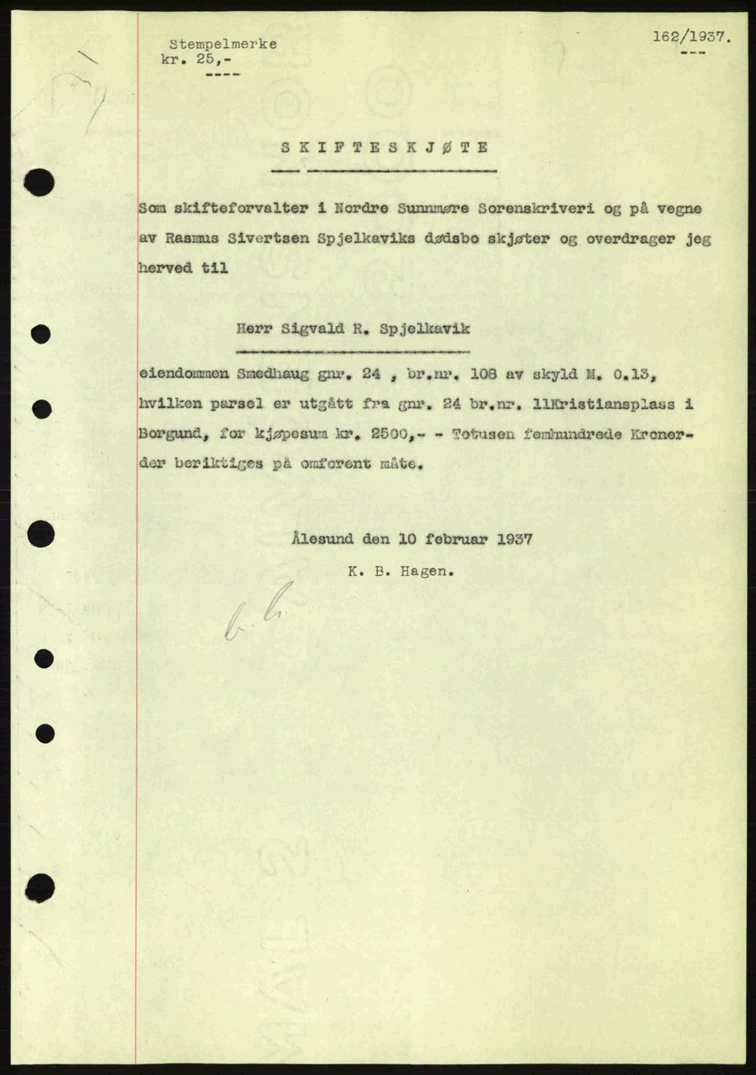 Nordre Sunnmøre sorenskriveri, AV/SAT-A-0006/1/2/2C/2Ca: Pantebok nr. A2, 1936-1937, Dagboknr: 162/1937