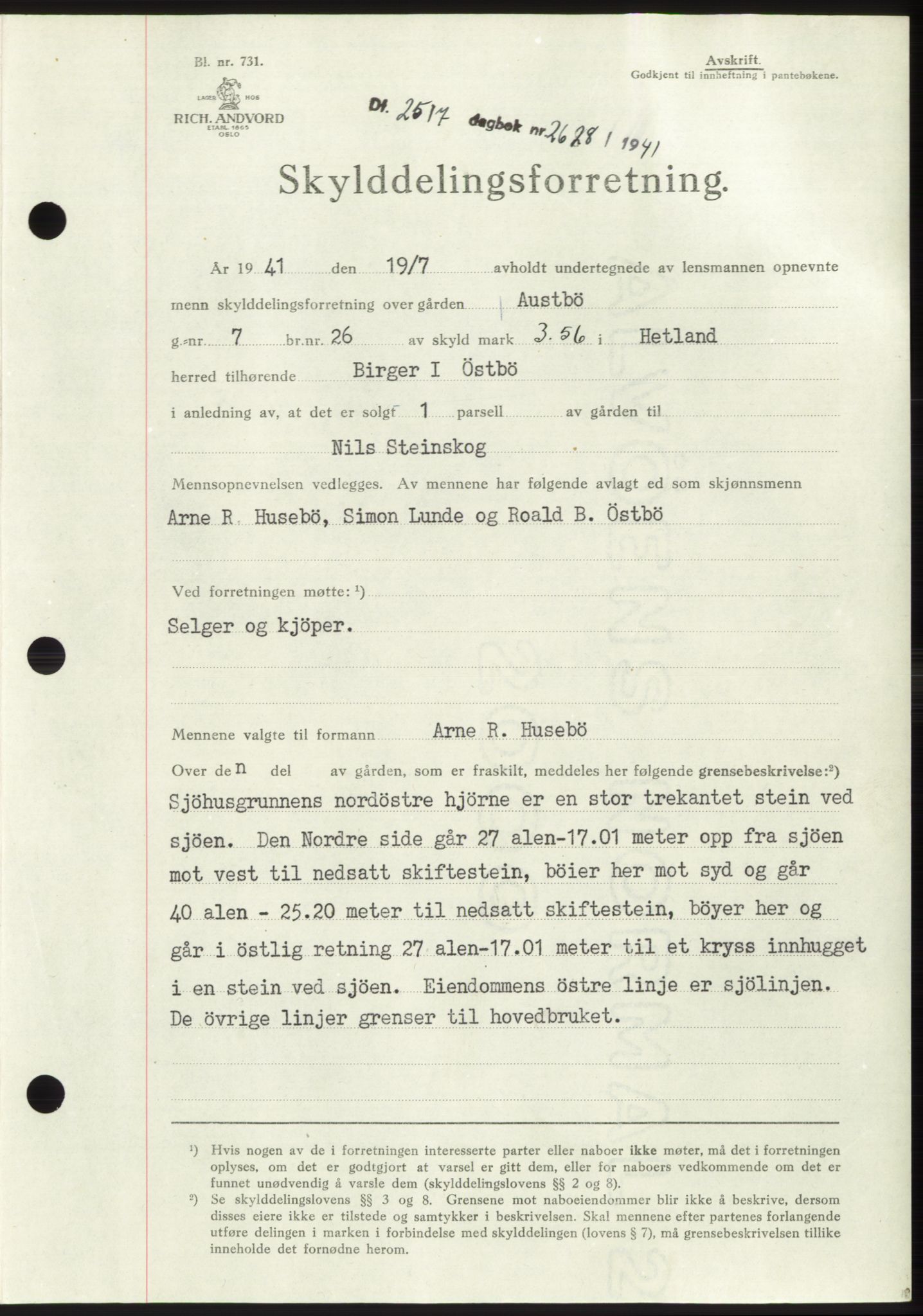 Jæren sorenskriveri, SAST/A-100310/03/G/Gba/L0080: Pantebok, 1941-1941, Dagboknr: 2628/1941