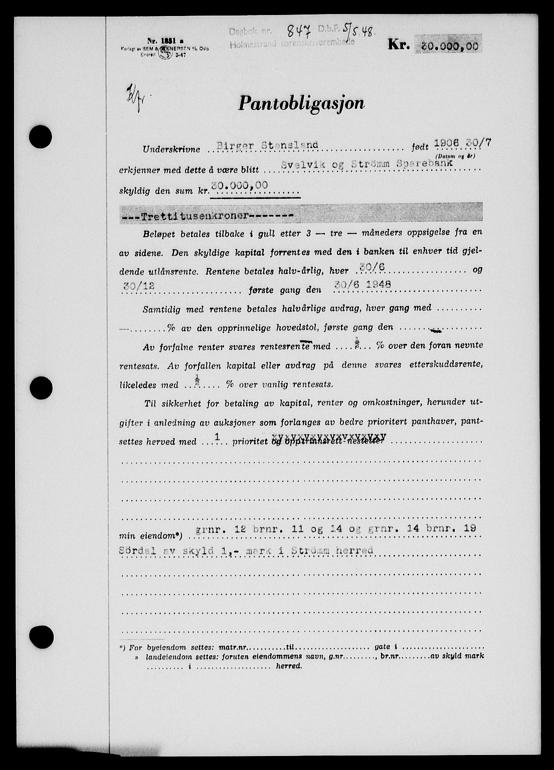 Holmestrand sorenskriveri, SAKO/A-67/G/Ga/Gab/L0058: Pantebok nr. B-58, 1947-1948, Dagboknr: 847/1948
