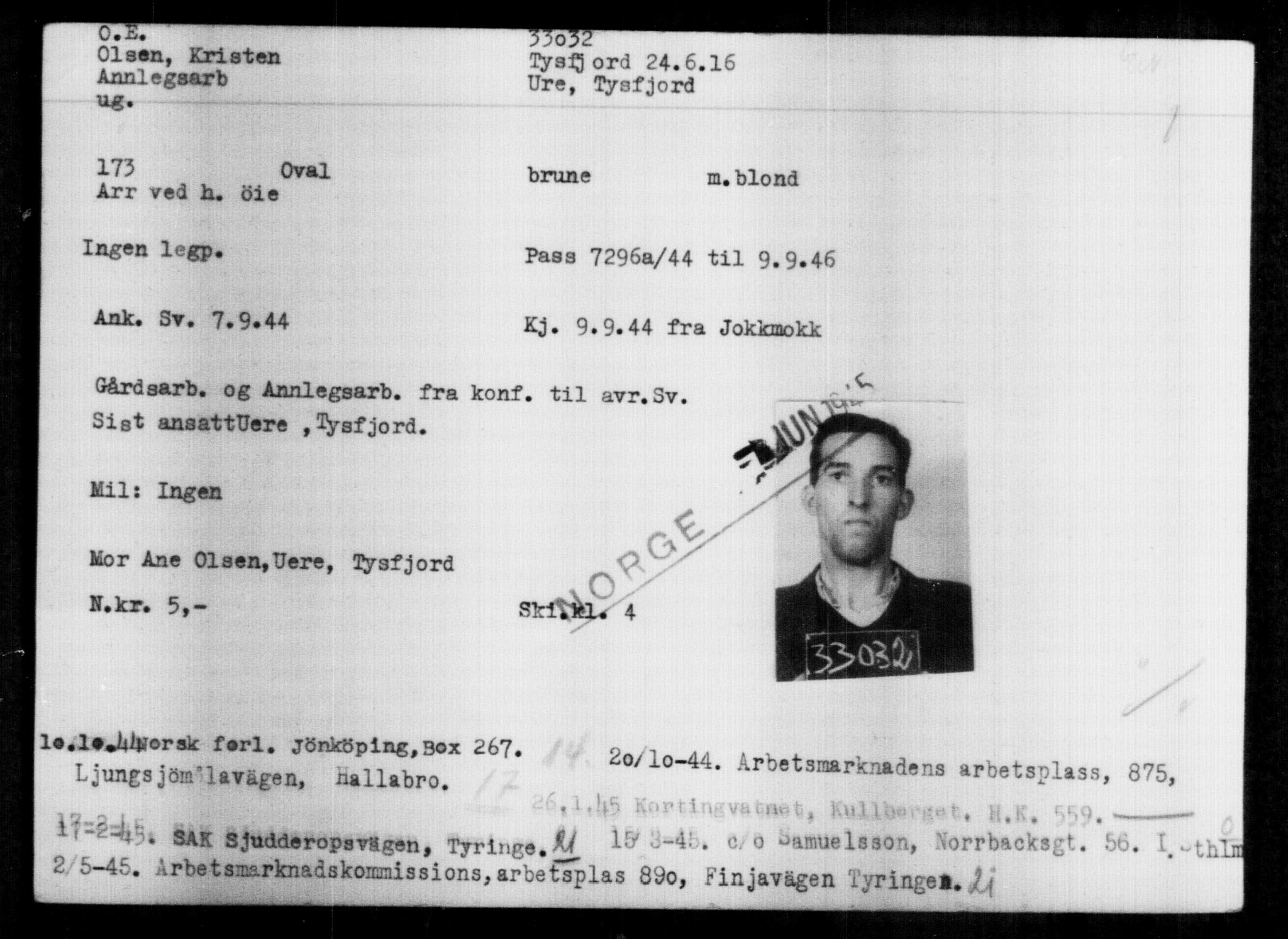 Utenriksstasjonene, Legasjonen i Stockholm, Flyktningkontoret, AV/RA-S-6753/V/Va/L0013: Kjesäterkartoteket, flyktninger med registreringsnr. 31500-34731, 1940-1945, s. 1606