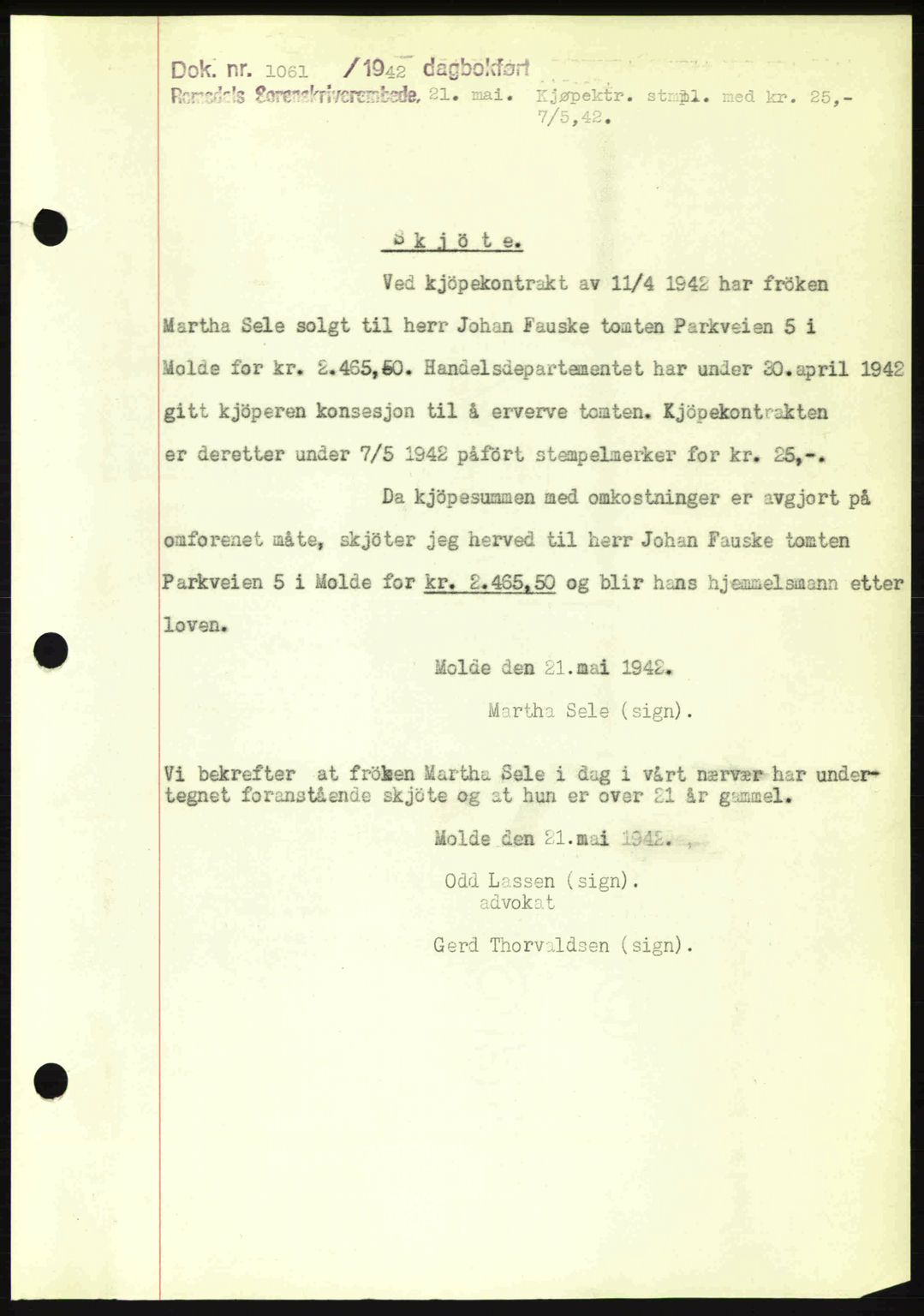 Romsdal sorenskriveri, SAT/A-4149/1/2/2C: Pantebok nr. A12, 1942-1942, Dagboknr: 1061/1942