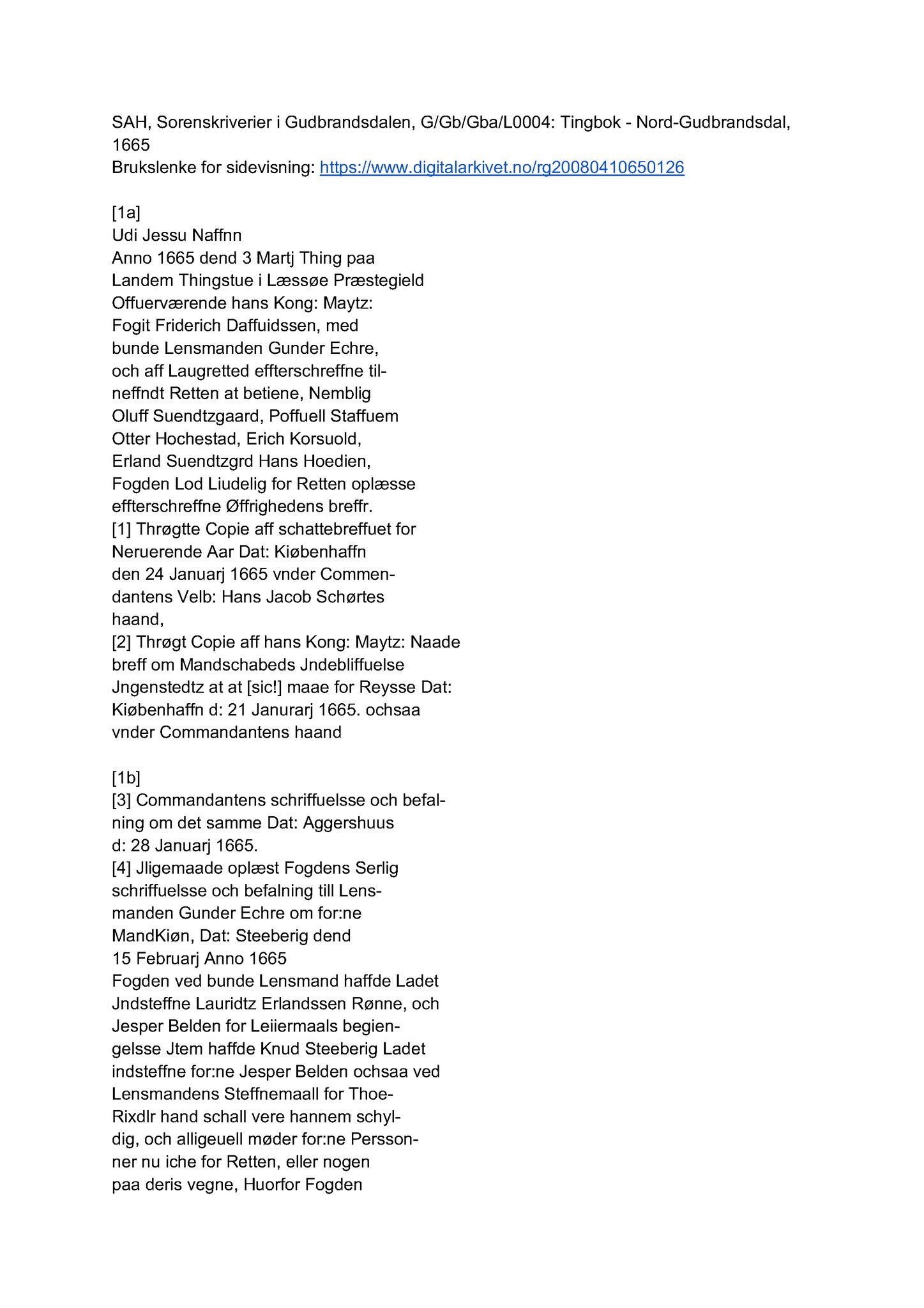Samling av fulltekstavskrifter, SAB/FULLTEKST/A/05/0001: Sorenskriverier i Gudbrandsdalen: Tingbok nr.  I 4 for Nord-Gudbrandsdal sorenskriveri, 1665