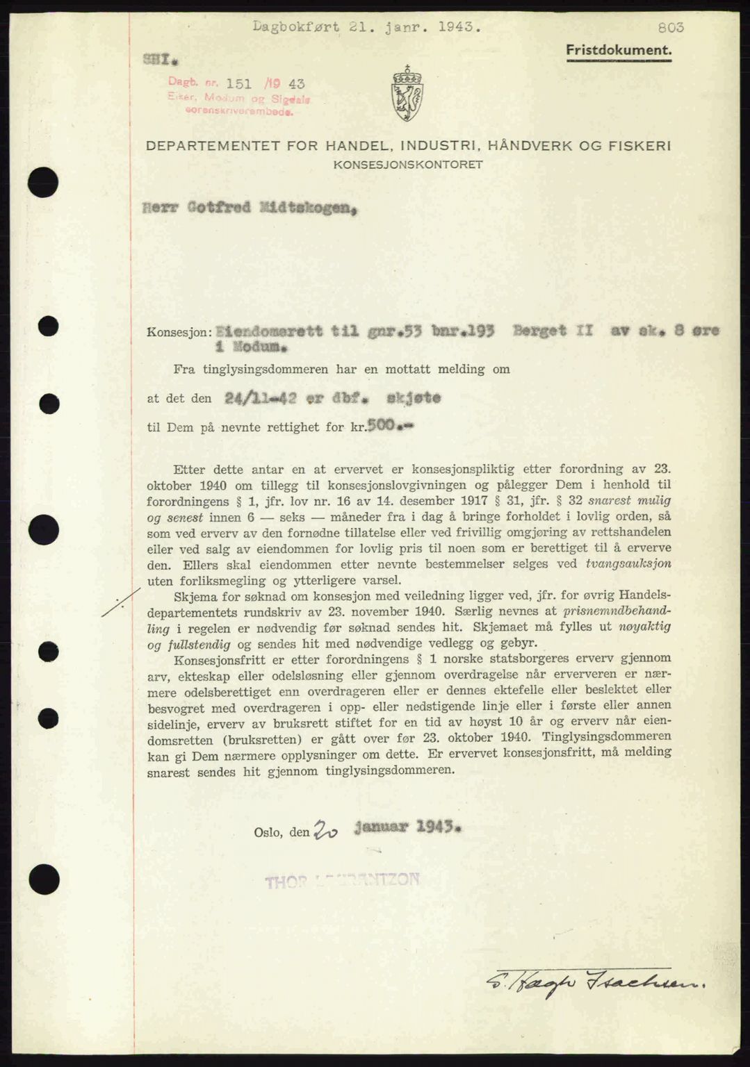 Eiker, Modum og Sigdal sorenskriveri, SAKO/A-123/G/Ga/Gab/L0047: Pantebok nr. A17, 1942-1943, Dagboknr: 151/1943
